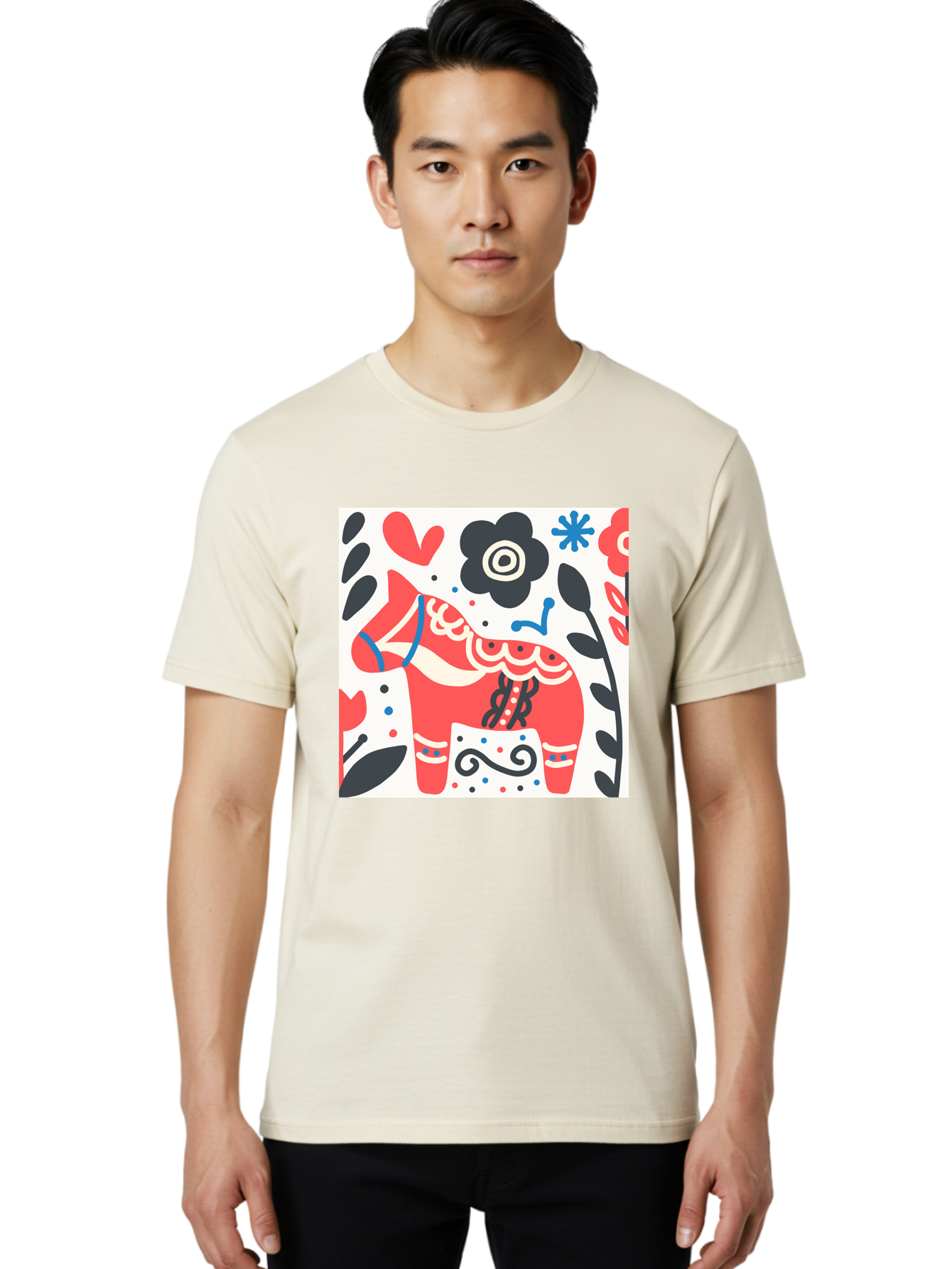 Red-Horse Men'S Graphic Tee, 100% Cotton, Comfortable Casual Summer Wear, Machine Washable, Red Dala Horse, Floral Pattern, Black And Red Flowers, Abstract Design, Folk Art, Swedish Heritage, Decorative Art, Vibrant Colors, Whimsical Design, Aab788 2