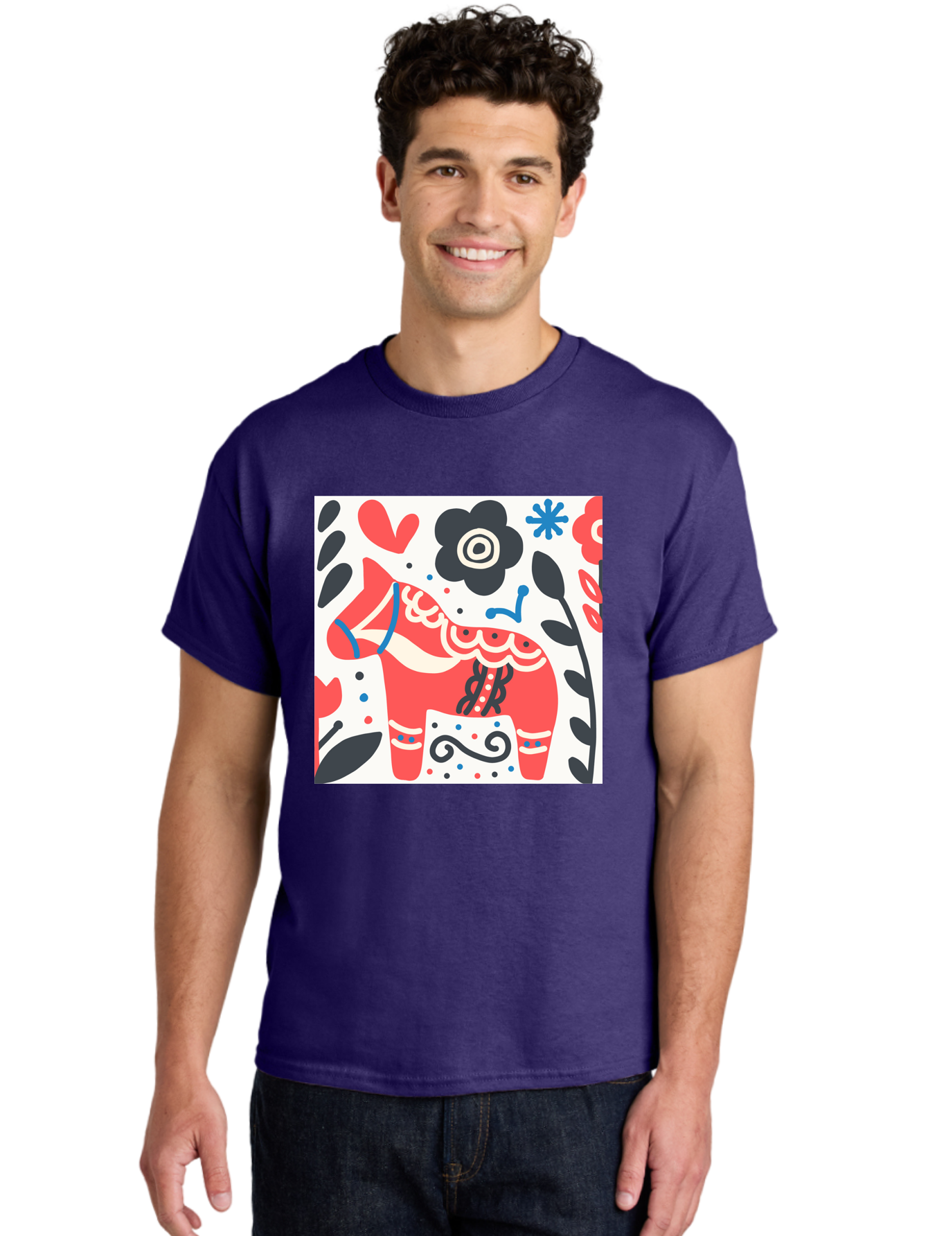 Red-Horse Men'S Graphic Tee, 100% Cotton, Comfortable Casual Summer Wear, Machine Washable, Red Dala Horse, Floral Pattern, Black And Red Flowers, Abstract Design, Folk Art, Swedish Heritage, Decorative Art, Vibrant Colors, Whimsical Design, Aab788 8