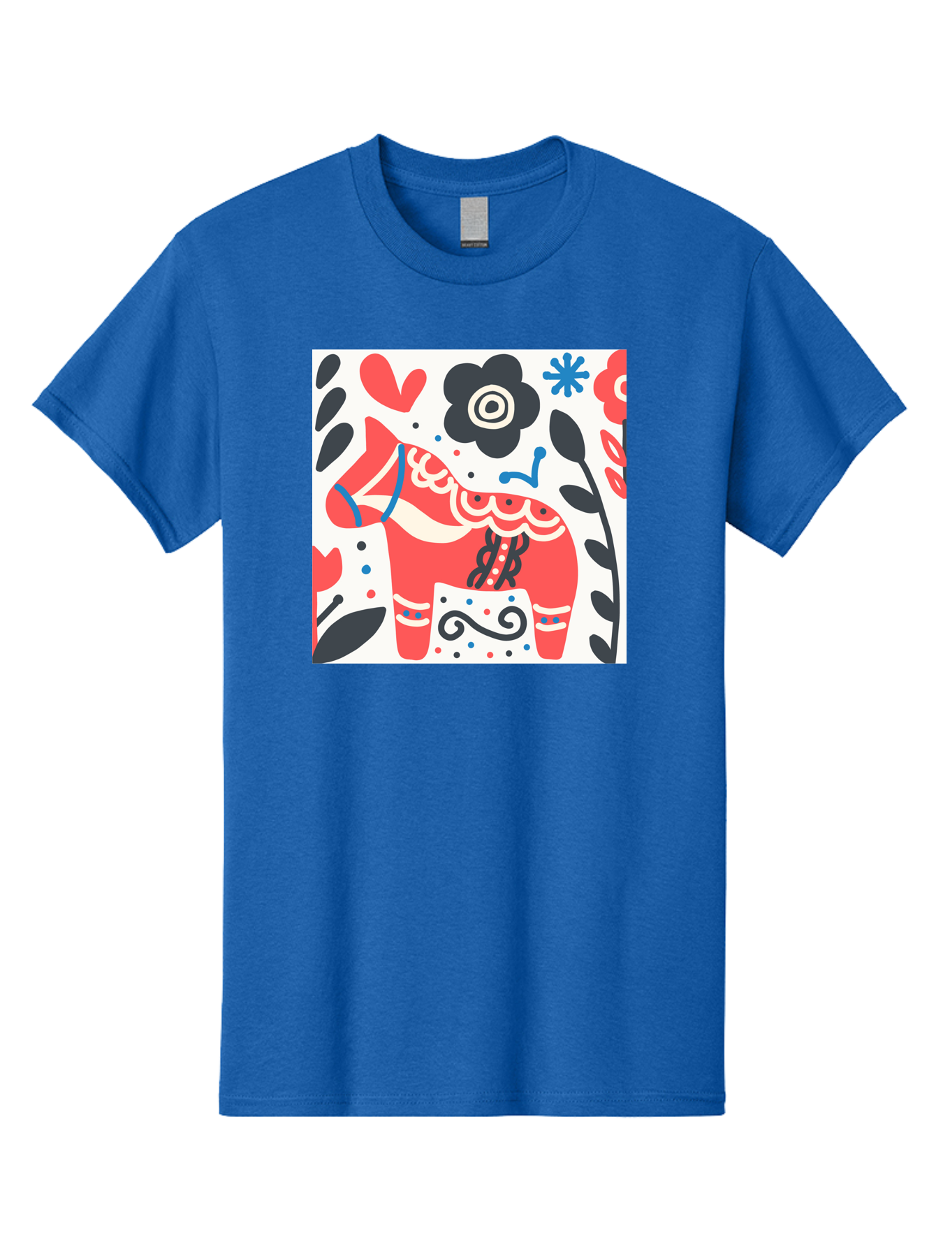 Red-Horse Men'S Graphic Tee, 100% Cotton, Comfortable Casual Summer Wear, Machine Washable, Red Dala Horse, Floral Pattern, Black And Red Flowers, Abstract Design, Folk Art, Swedish Heritage, Decorative Art, Vibrant Colors, Whimsical Design, Aab788 25