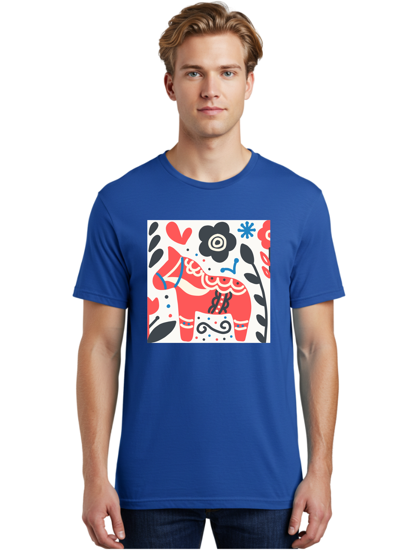 Red-Horse Men'S Graphic Tee, 100% Cotton, Comfortable Casual Summer Wear, Machine Washable, Red Dala Horse, Floral Pattern, Black And Red Flowers, Abstract Design, Folk Art, Swedish Heritage, Decorative Art, Vibrant Colors, Whimsical Design, Aab788 26