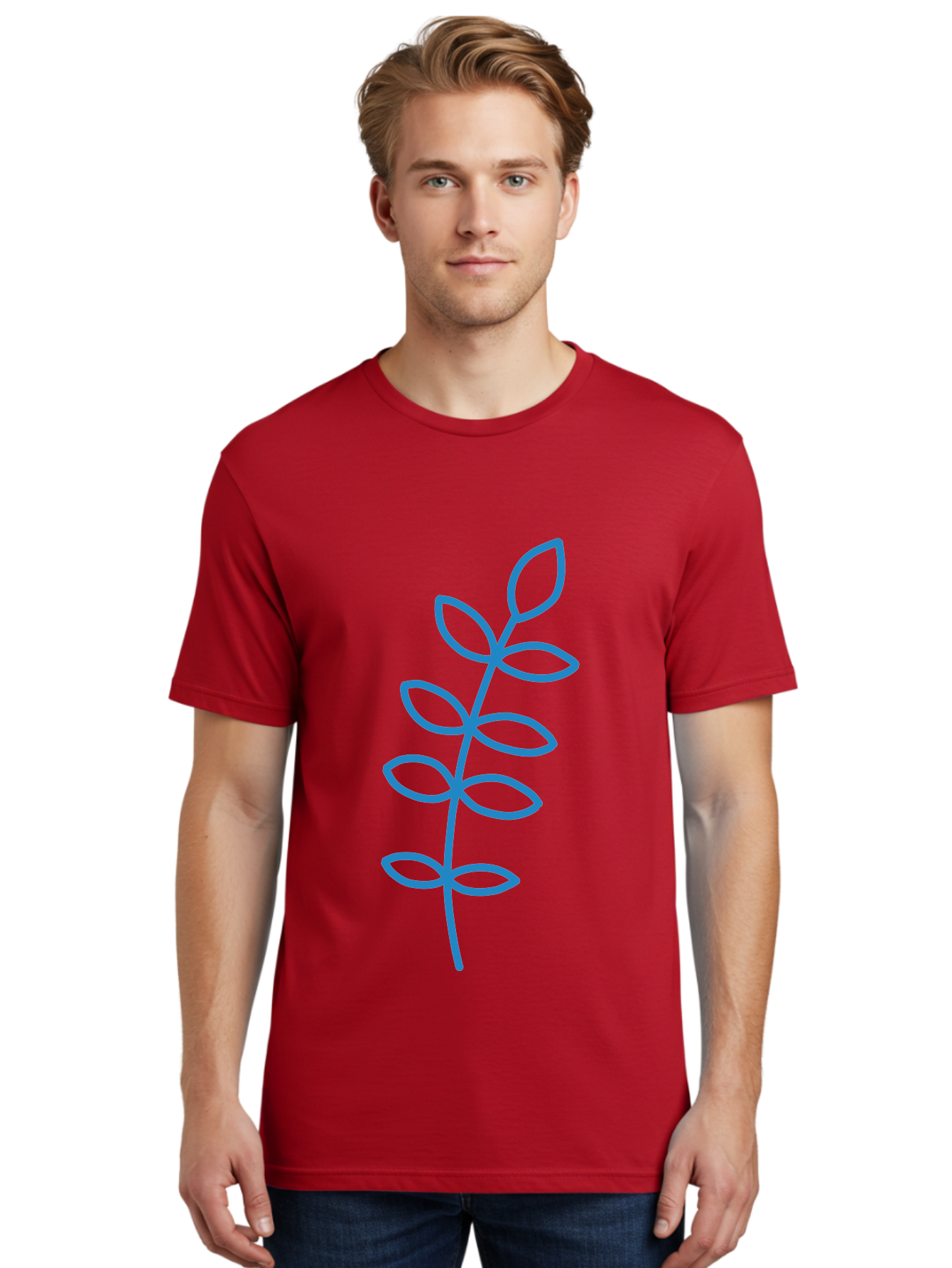 Stem-With-Leaves Men'S Graphic Tee, 100% Cotton, Comfortable Casual Summer Wear, Machine Washable, Simple Drawing, Blue Stem, Leaves, Minimalist Design, Stylized Plant, Childlike Illustration, Simple Shapes, Botanical Elements, Aab793 6