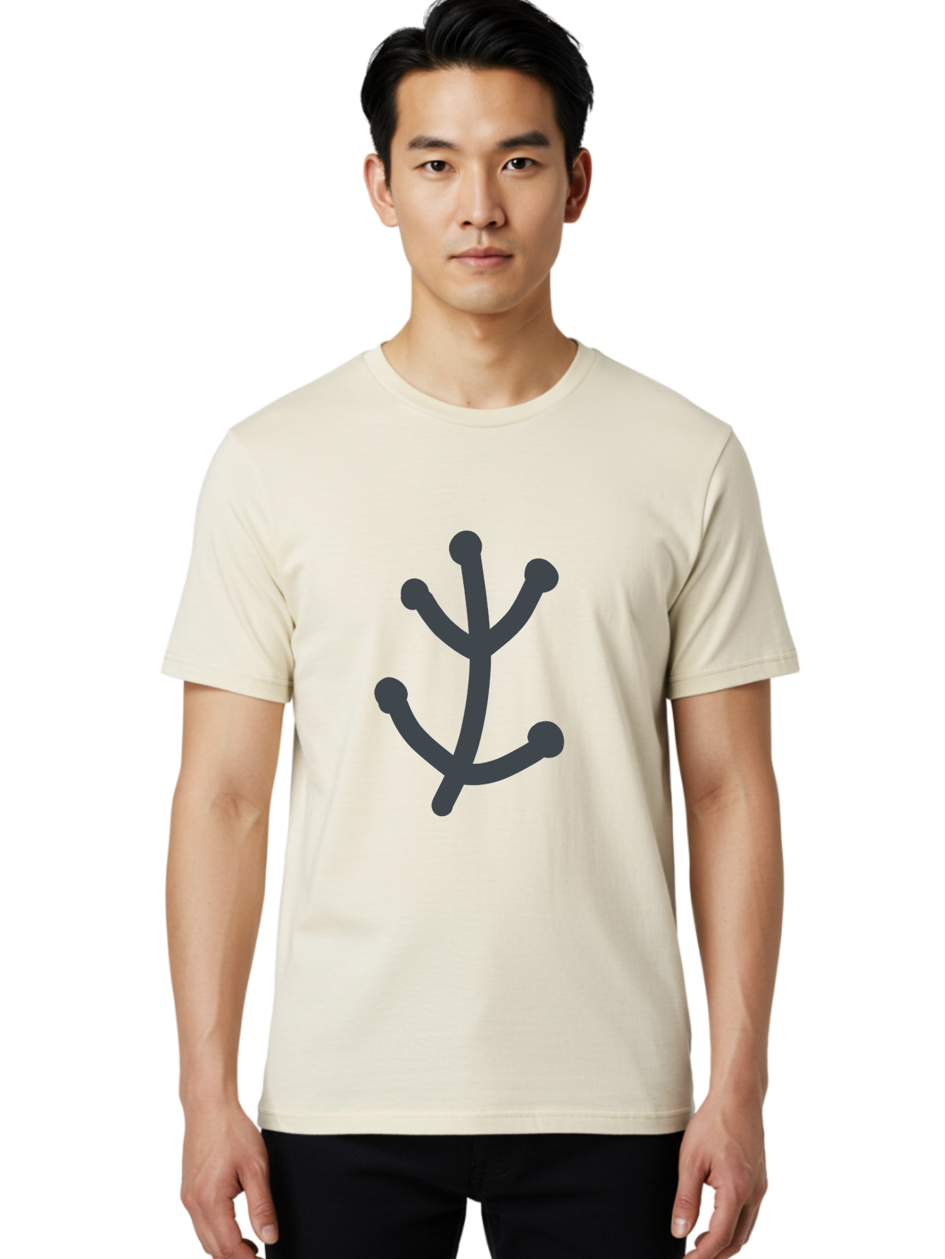 Stylized-Branch Men'S Graphic Tee, 100% Cotton, Comfortable Casual Summer Wear, Machine Washable, Stylized Trident Symbol, Dark Gray Icon, Minimalist Design, Abstract Shape, Futuristic Logo, Simple Graphics, Monochrome Icon, Symbolic Imagery, Aab794 30