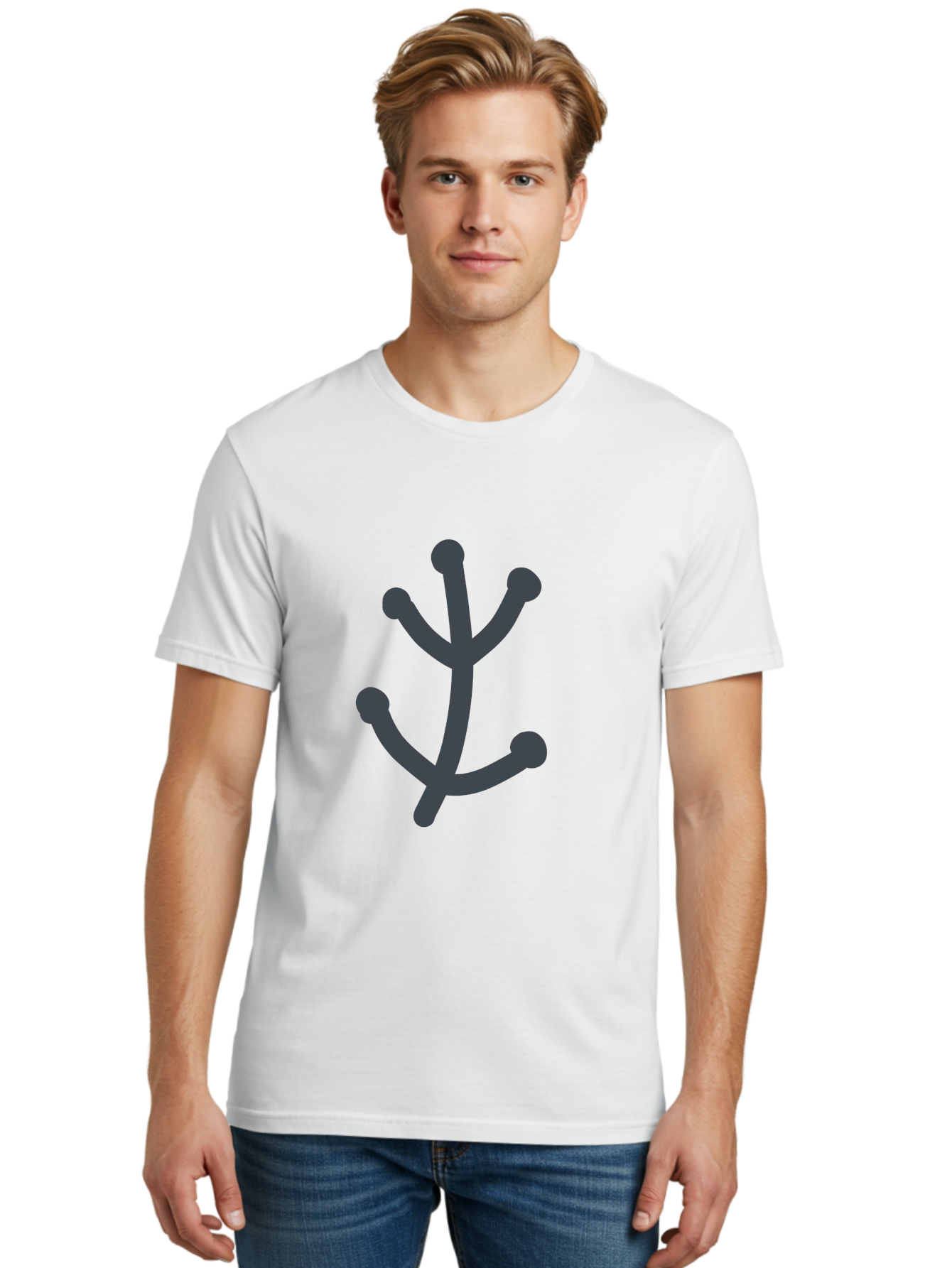 Stylized-Branch Men'S Graphic Tee, 100% Cotton, Comfortable Casual Summer Wear, Machine Washable, Stylized Trident Symbol, Dark Gray Icon, Minimalist Design, Abstract Shape, Futuristic Logo, Simple Graphics, Monochrome Icon, Symbolic Imagery, Aab794 22