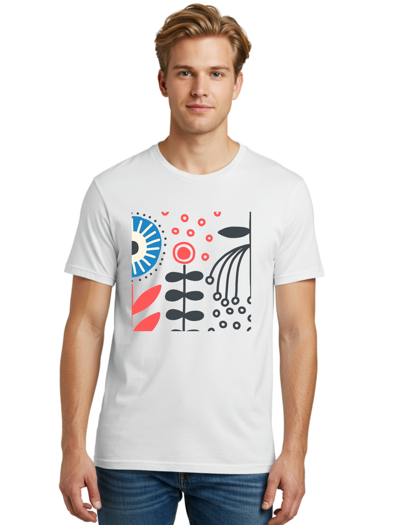 Sun-Icon-Floral Men'S Graphic Tee, 100% Cotton, Comfortable Casual Summer Wear, Machine Washable, Stylish Floral Pattern, Abstract Art, Eye-Catching Design, Minimalist Style, Bold Graphics, Contemporary Illustration, Floral Elements, Aab796 18