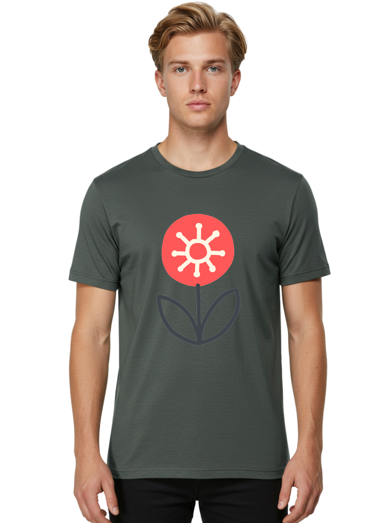 Sunflower-Icon Men'S Graphic Tee, 100% Cotton, Comfortable Casual Summer Wear, Machine Washable, Stylized Sunflower, Simple Flower Design, Abstract Sun Symbol, Red And White Colors, Minimalist Logo, Floral Icon, Modern Graphic Aab797 24