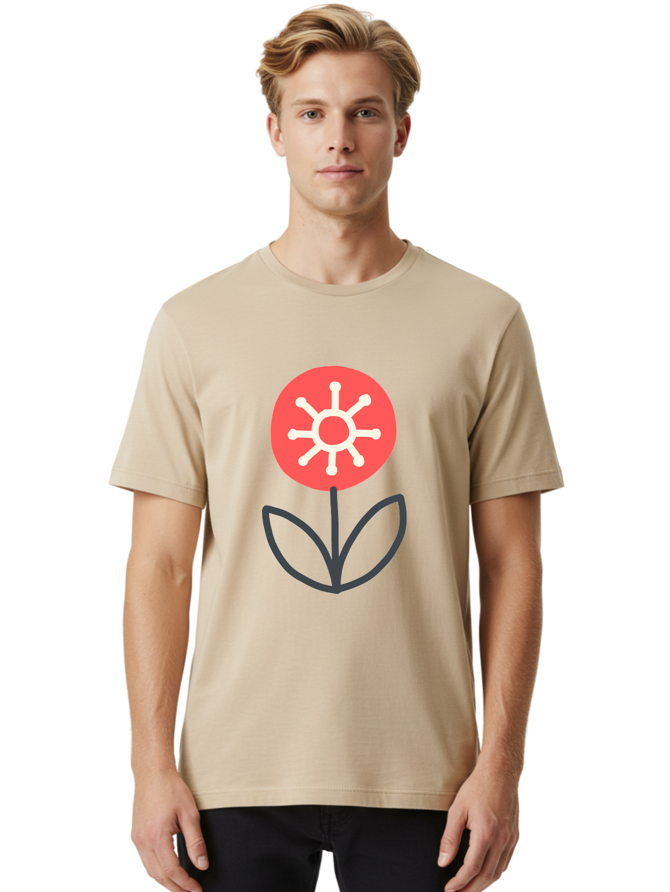 Sunflower-Icon Men'S Graphic Tee, 100% Cotton, Comfortable Casual Summer Wear, Machine Washable, Stylized Sunflower, Simple Flower Design, Abstract Sun Symbol, Red And White Colors, Minimalist Logo, Floral Icon, Modern Graphic Aab797 2
