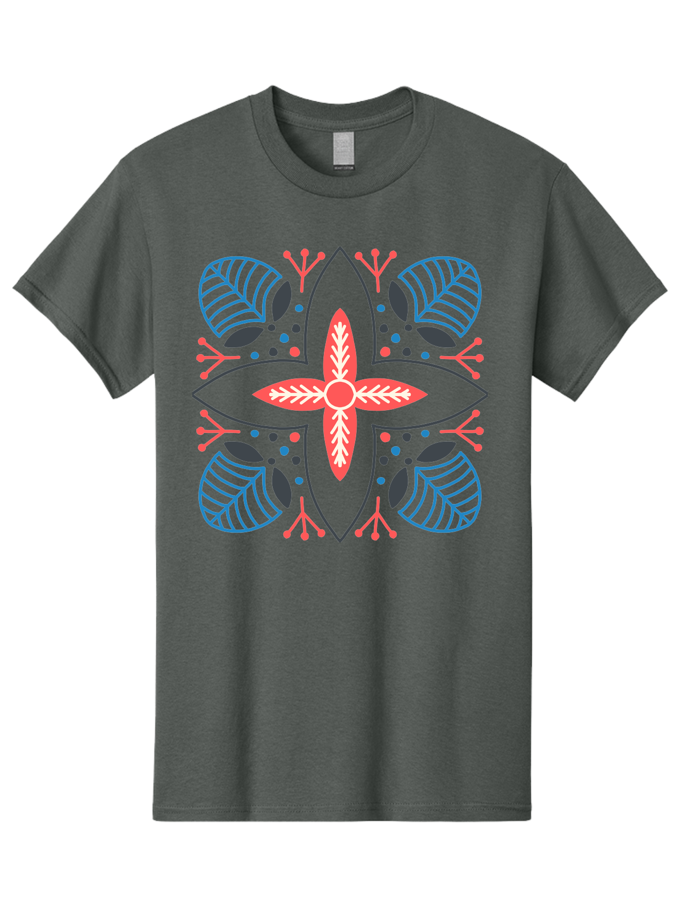 Symmetrical-Floral-Pattern Men'S Graphic Tee, 100% Cotton, Comfortable Casual Summer Wear, Machine Washable, Symmetrical Floral Design, Vibrant Red And Blue Hues, Stylized Leaves, Intricate Patterns, Geometric Shapes, Abstract Art, Aab800 13