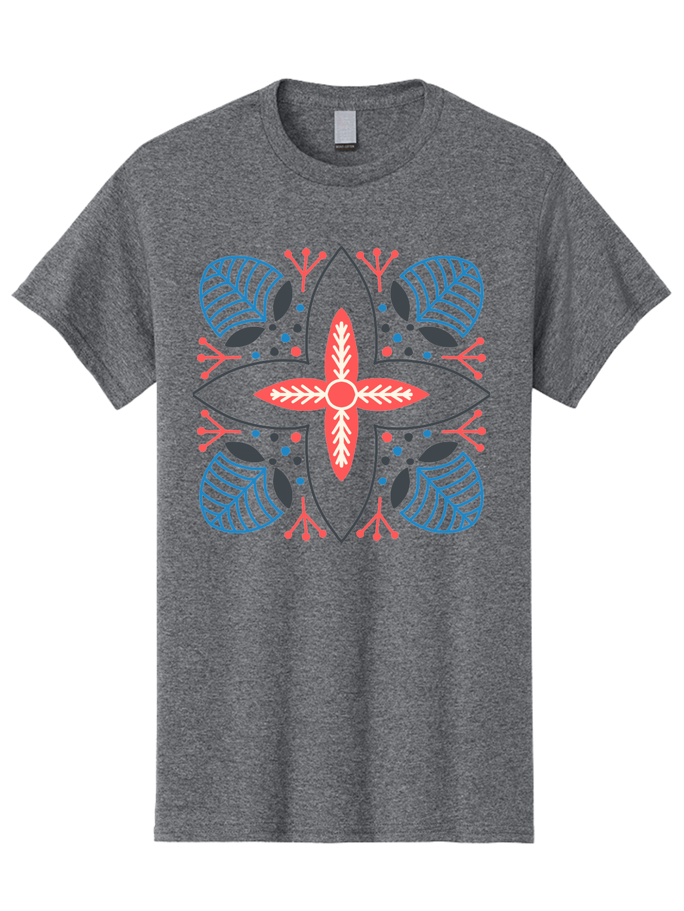 Symmetrical-Floral-Pattern Men'S Graphic Tee, 100% Cotton, Comfortable Casual Summer Wear, Machine Washable, Symmetrical Floral Design, Vibrant Red And Blue Hues, Stylized Leaves, Intricate Patterns, Geometric Shapes, Abstract Art, Aab800 21
