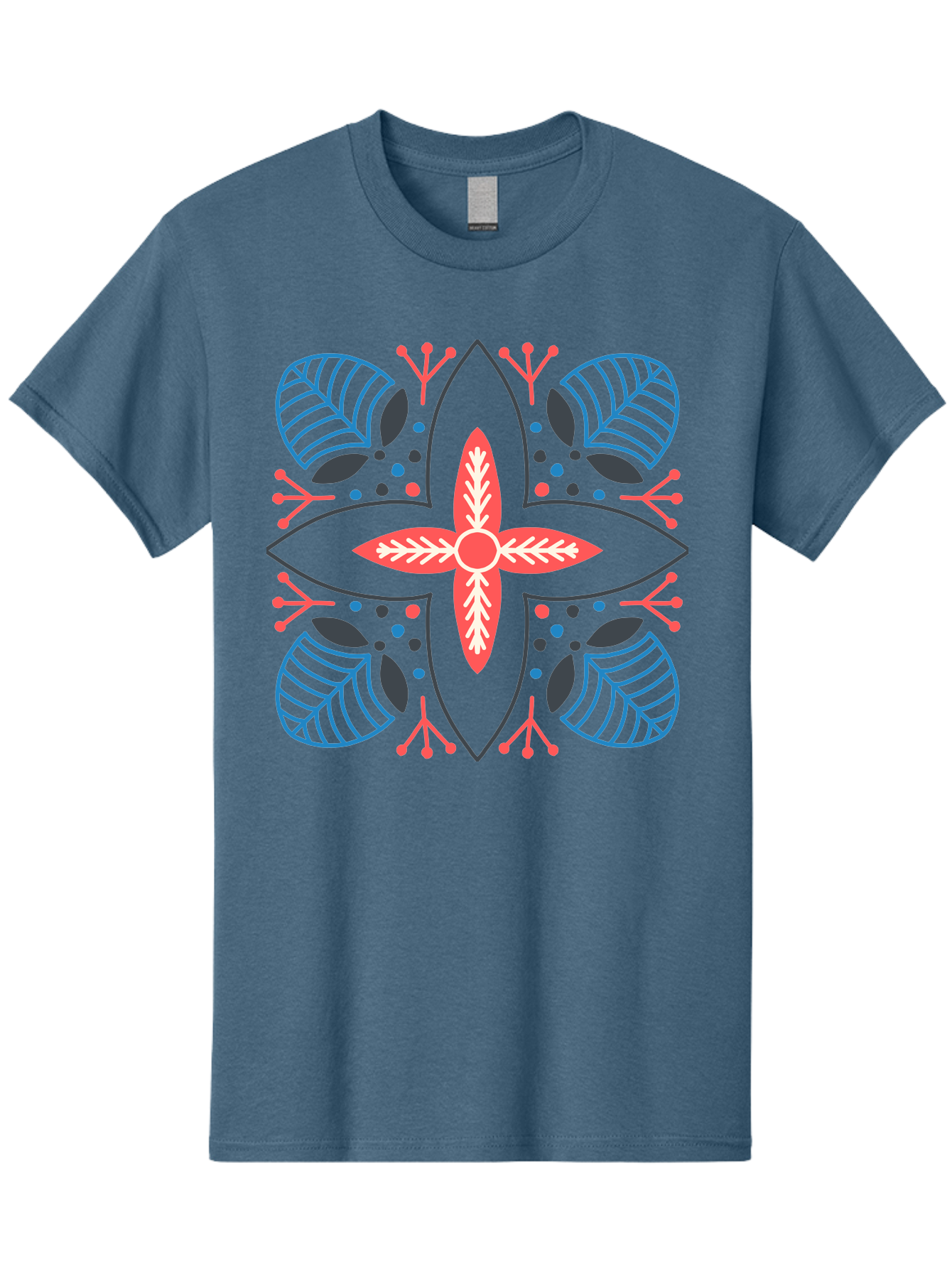 Symmetrical-Floral-Pattern Men'S Graphic Tee, 100% Cotton, Comfortable Casual Summer Wear, Machine Washable, Symmetrical Floral Design, Vibrant Red And Blue Hues, Stylized Leaves, Intricate Patterns, Geometric Shapes, Abstract Art, Aab800 1