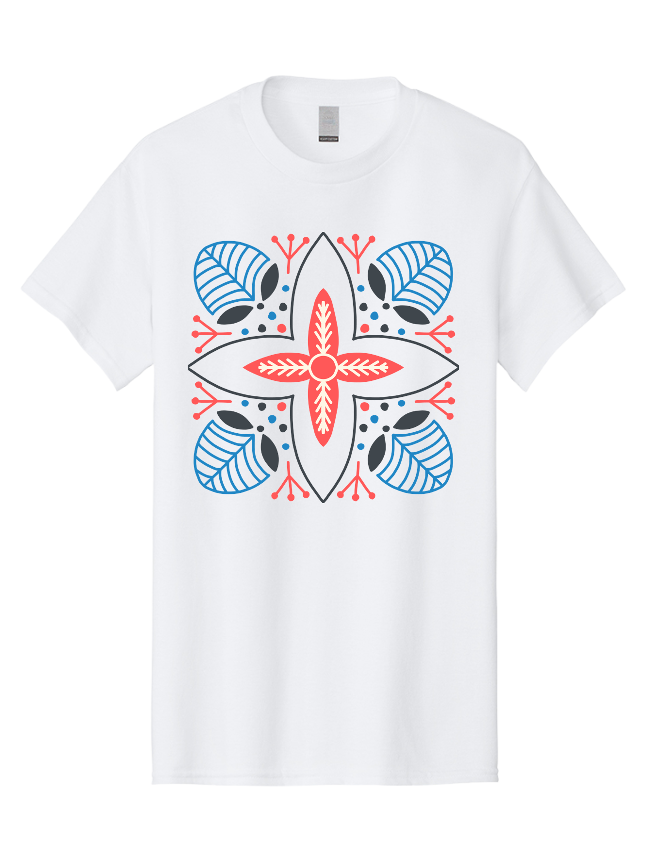 Symmetrical-Floral-Pattern Men'S Graphic Tee, 100% Cotton, Comfortable Casual Summer Wear, Machine Washable, Symmetrical Floral Design, Vibrant Red And Blue Hues, Stylized Leaves, Intricate Patterns, Geometric Shapes, Abstract Art, Aab800 9