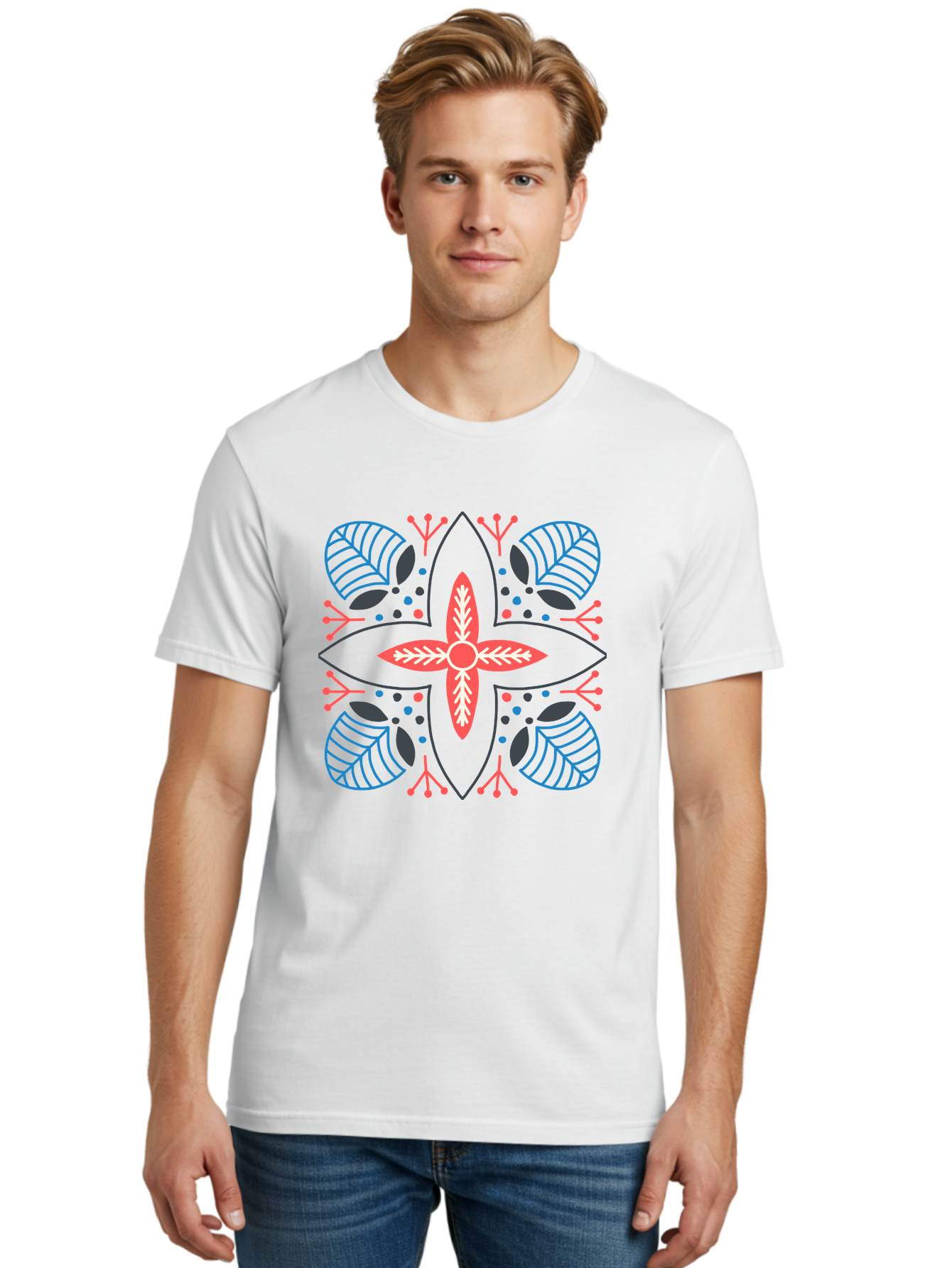 Symmetrical-Floral-Pattern Men'S Graphic Tee, 100% Cotton, Comfortable Casual Summer Wear, Machine Washable, Symmetrical Floral Design, Vibrant Red And Blue Hues, Stylized Leaves, Intricate Patterns, Geometric Shapes, Abstract Art, Aab800 10