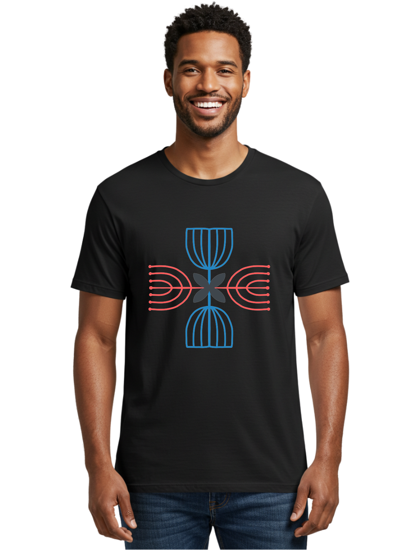Symmetrical-Logo-Design Men'S Graphic Tee, 100% Cotton, Comfortable Casual Summer Wear, Machine Washable, Symmetrical Design, Geometric Shapes, Abstract Art, Floral Motif, Pink And Blue Lines, Black Flower, Modern Graphics, Aab801 6