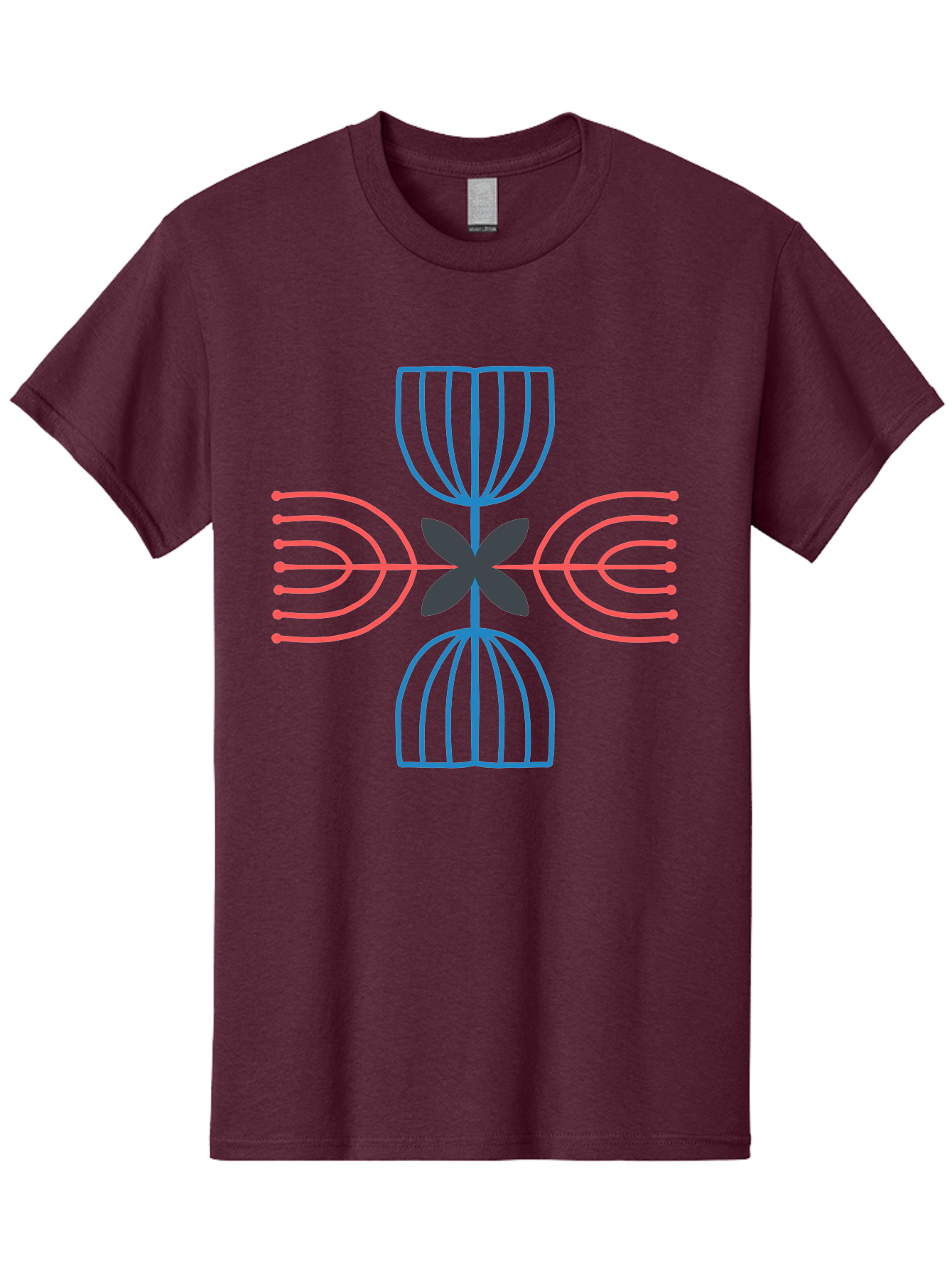 Symmetrical-Logo-Design Men'S Graphic Tee, 100% Cotton, Comfortable Casual Summer Wear, Machine Washable, Symmetrical Design, Geometric Shapes, Abstract Art, Floral Motif, Pink And Blue Lines, Black Flower, Modern Graphics, Aab801 1