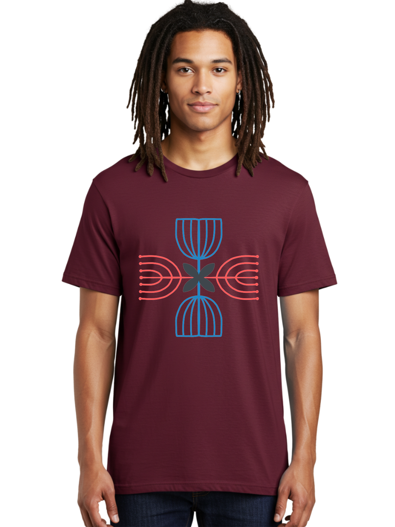 Symmetrical-Logo-Design Men'S Graphic Tee, 100% Cotton, Comfortable Casual Summer Wear, Machine Washable, Symmetrical Design, Geometric Shapes, Abstract Art, Floral Motif, Pink And Blue Lines, Black Flower, Modern Graphics, Aab801 2