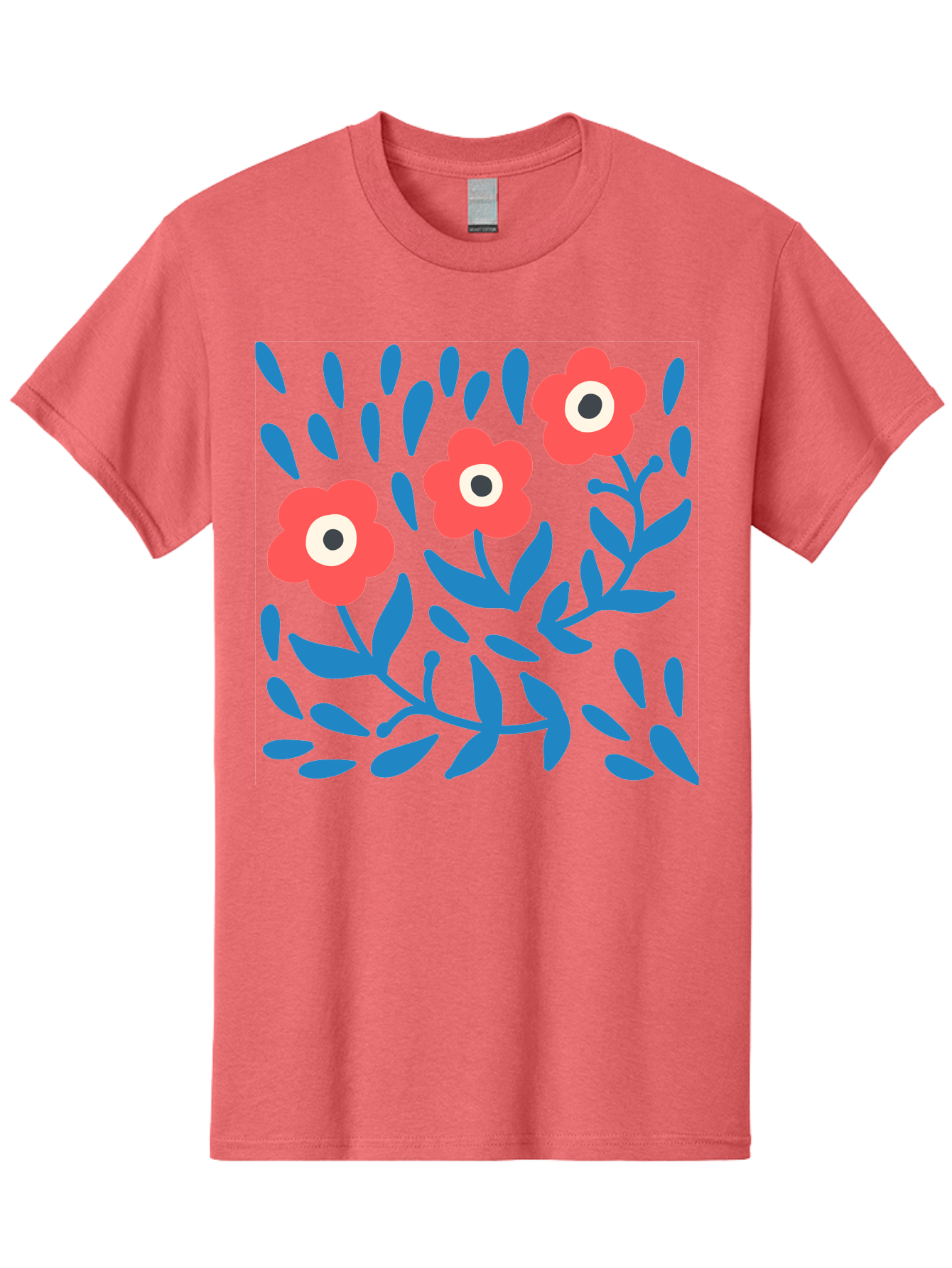 Three-Red-Flowers-1 Men'S Graphic Tee, 100% Cotton, Comfortable Casual Summer Wear, Machine Washable, Red Flowers, Blue Leaves, Floral Pattern, Abstract Design, Vibrant Colors, Whimsical Art, Playful Graphics, Folk Art Style Aab803 11