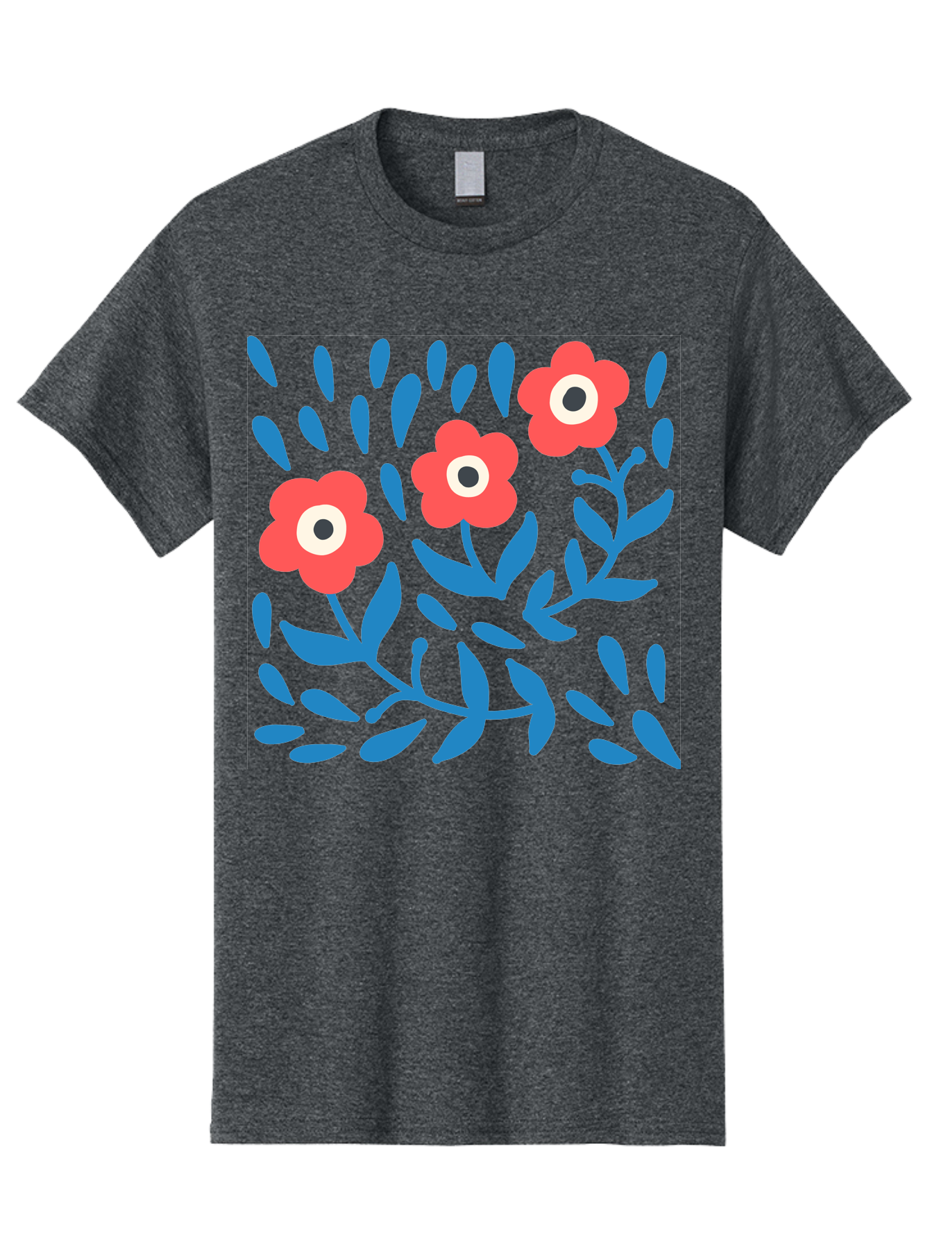 Three-Red-Flowers-1 Men'S Graphic Tee, 100% Cotton, Comfortable Casual Summer Wear, Machine Washable, Red Flowers, Blue Leaves, Floral Pattern, Abstract Design, Vibrant Colors, Whimsical Art, Playful Graphics, Folk Art Style Aab803 23
