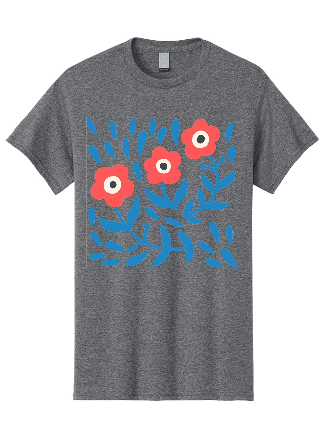Three-Red-Flowers-1 Men'S Graphic Tee, 100% Cotton, Comfortable Casual Summer Wear, Machine Washable, Red Flowers, Blue Leaves, Floral Pattern, Abstract Design, Vibrant Colors, Whimsical Art, Playful Graphics, Folk Art Style Aab803 27