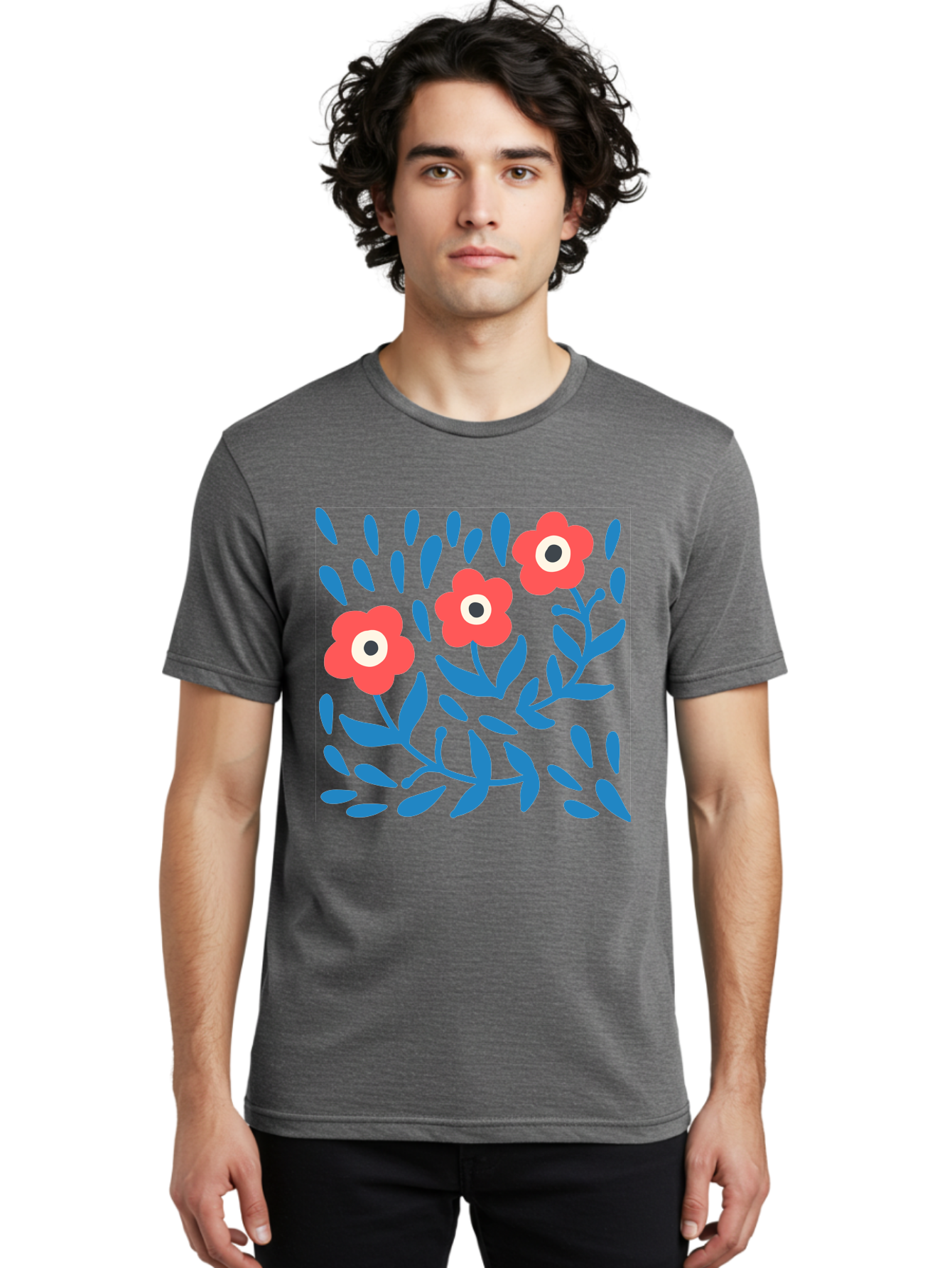 Three-Red-Flowers-1 Men'S Graphic Tee, 100% Cotton, Comfortable Casual Summer Wear, Machine Washable, Red Flowers, Blue Leaves, Floral Pattern, Abstract Design, Vibrant Colors, Whimsical Art, Playful Graphics, Folk Art Style Aab803 28