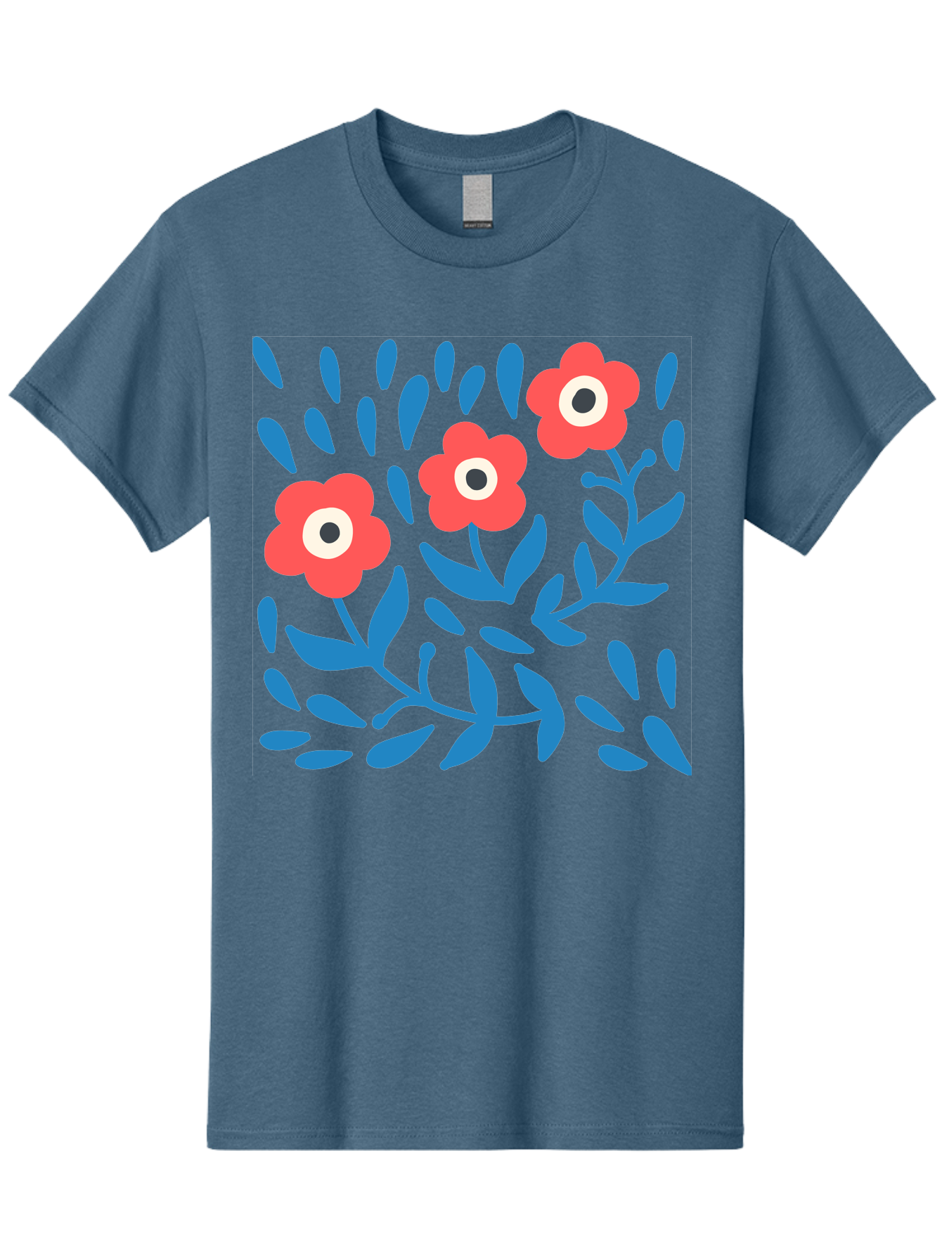 Three-Red-Flowers-1 Men'S Graphic Tee, 100% Cotton, Comfortable Casual Summer Wear, Machine Washable, Red Flowers, Blue Leaves, Floral Pattern, Abstract Design, Vibrant Colors, Whimsical Art, Playful Graphics, Folk Art Style Aab803 25