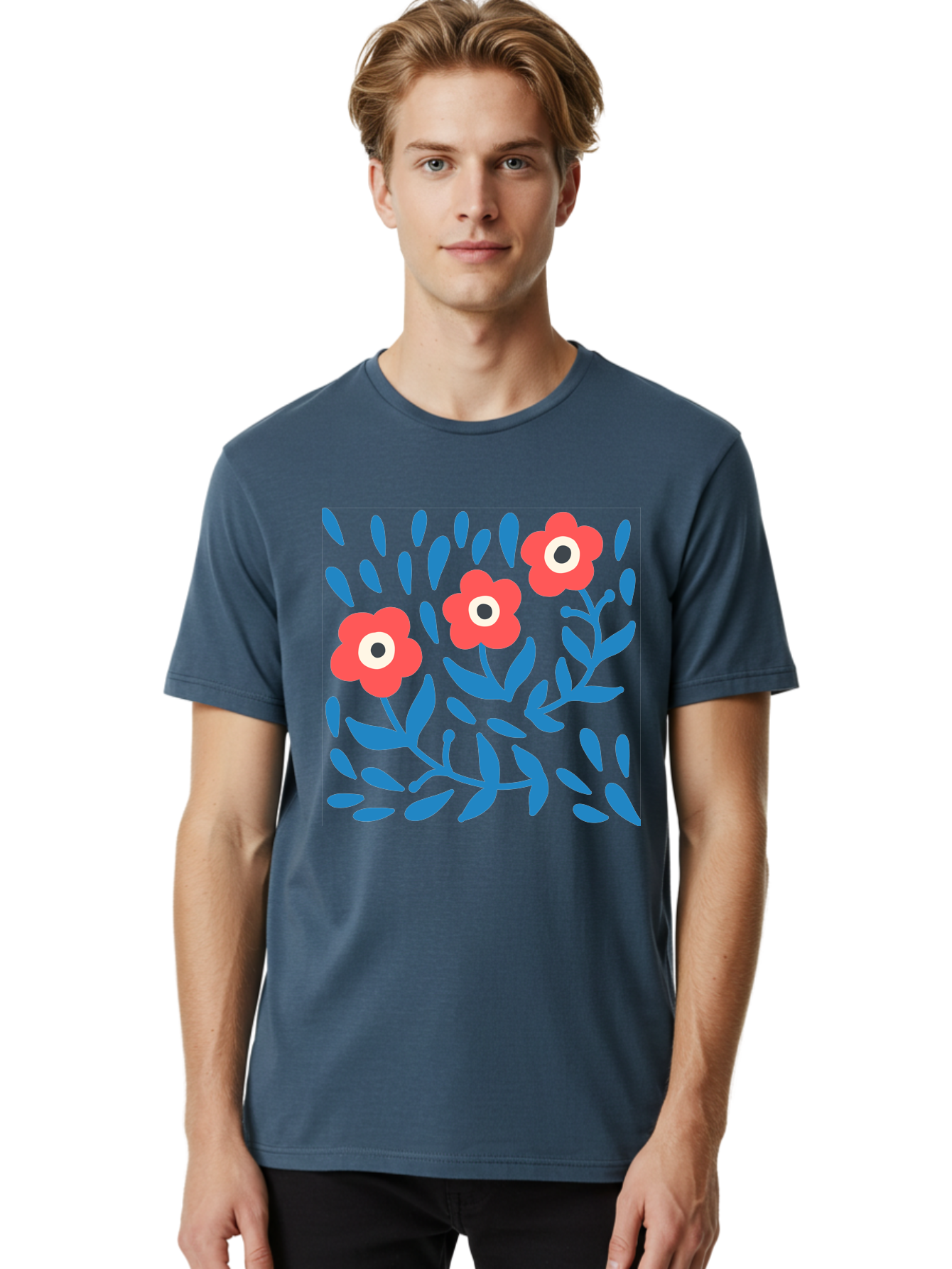 Three-Red-Flowers-1 Men'S Graphic Tee, 100% Cotton, Comfortable Casual Summer Wear, Machine Washable, Red Flowers, Blue Leaves, Floral Pattern, Abstract Design, Vibrant Colors, Whimsical Art, Playful Graphics, Folk Art Style Aab803 26
