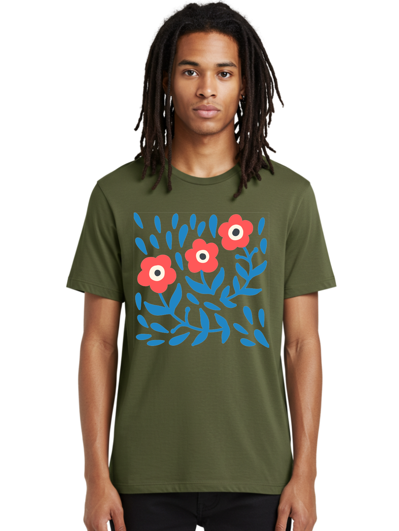 Three-Red-Flowers-1 Men'S Graphic Tee, 100% Cotton, Comfortable Casual Summer Wear, Machine Washable, Red Flowers, Blue Leaves, Floral Pattern, Abstract Design, Vibrant Colors, Whimsical Art, Playful Graphics, Folk Art Style Aab803 4