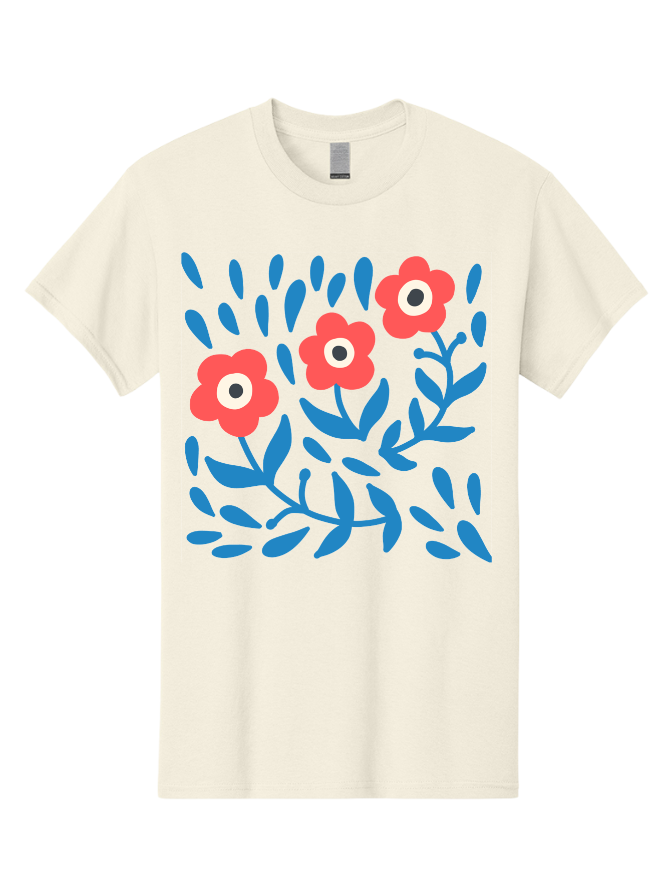 Three-Red-Flowers-1 Men'S Graphic Tee, 100% Cotton, Comfortable Casual Summer Wear, Machine Washable, Red Flowers, Blue Leaves, Floral Pattern, Abstract Design, Vibrant Colors, Whimsical Art, Playful Graphics, Folk Art Style Aab803 5