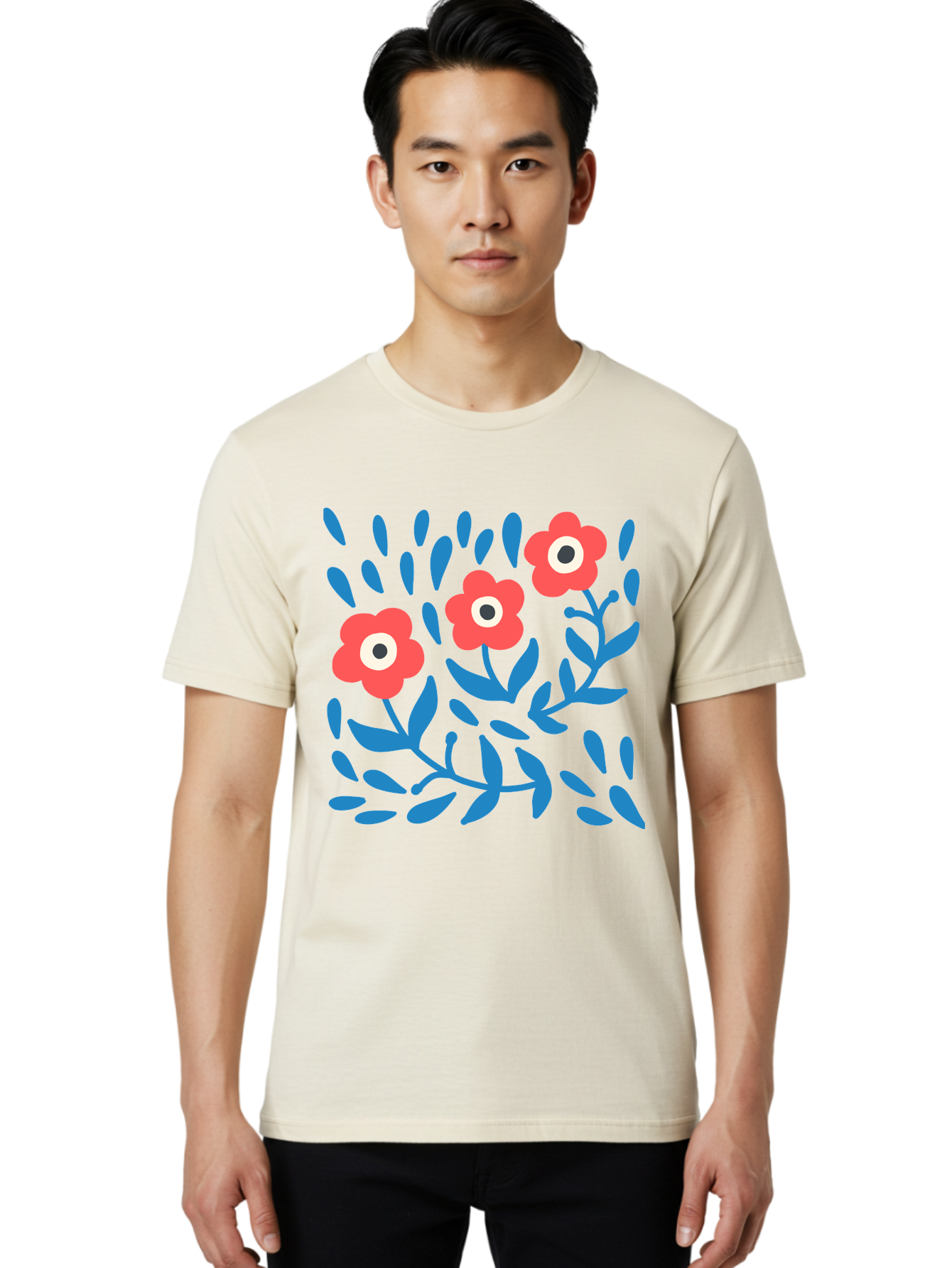Three-Red-Flowers-1 Men'S Graphic Tee, 100% Cotton, Comfortable Casual Summer Wear, Machine Washable, Red Flowers, Blue Leaves, Floral Pattern, Abstract Design, Vibrant Colors, Whimsical Art, Playful Graphics, Folk Art Style Aab803 6