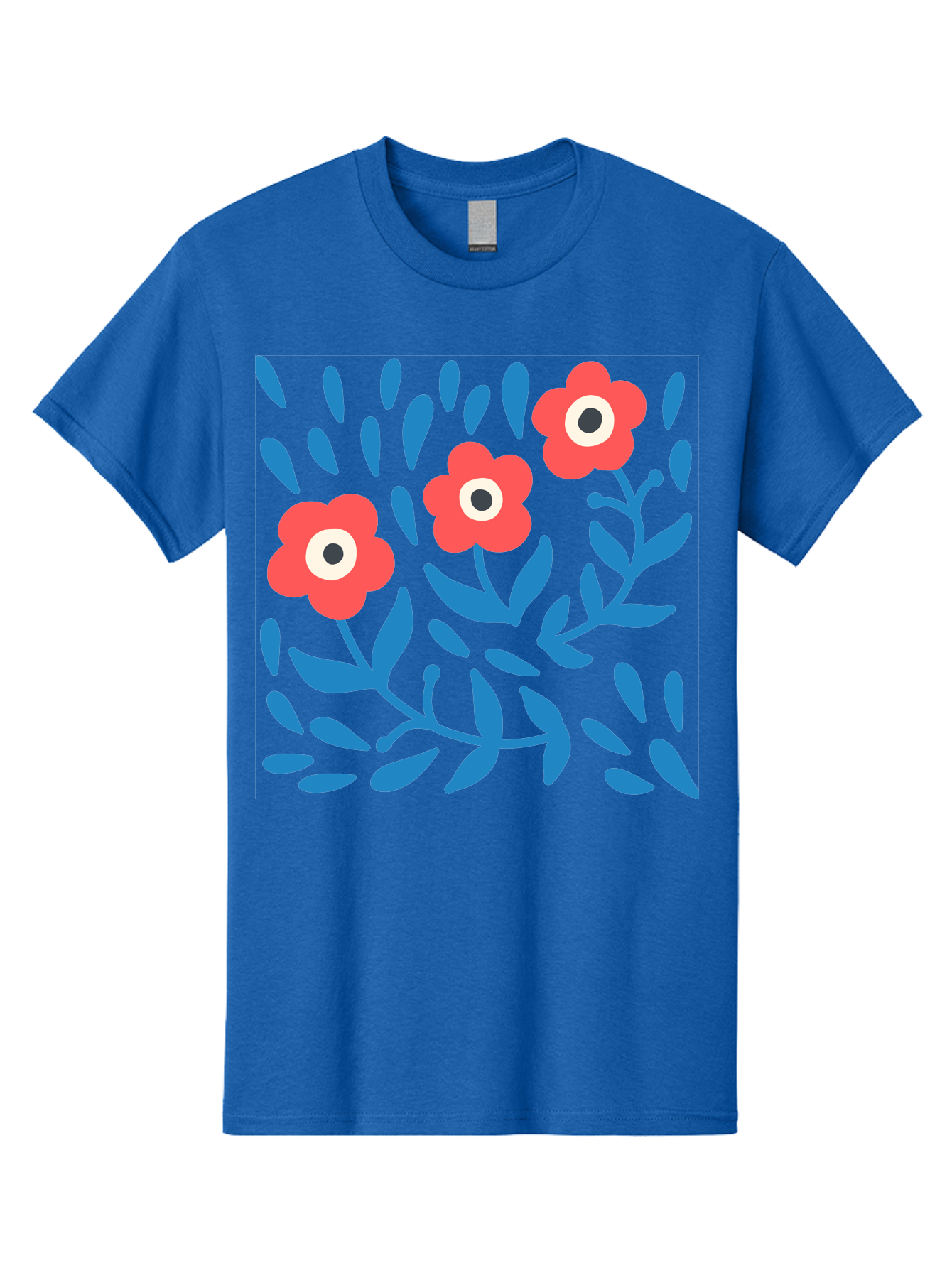 Three-Red-Flowers-1 Men'S Graphic Tee, 100% Cotton, Comfortable Casual Summer Wear, Machine Washable, Red Flowers, Blue Leaves, Floral Pattern, Abstract Design, Vibrant Colors, Whimsical Art, Playful Graphics, Folk Art Style Aab803 7