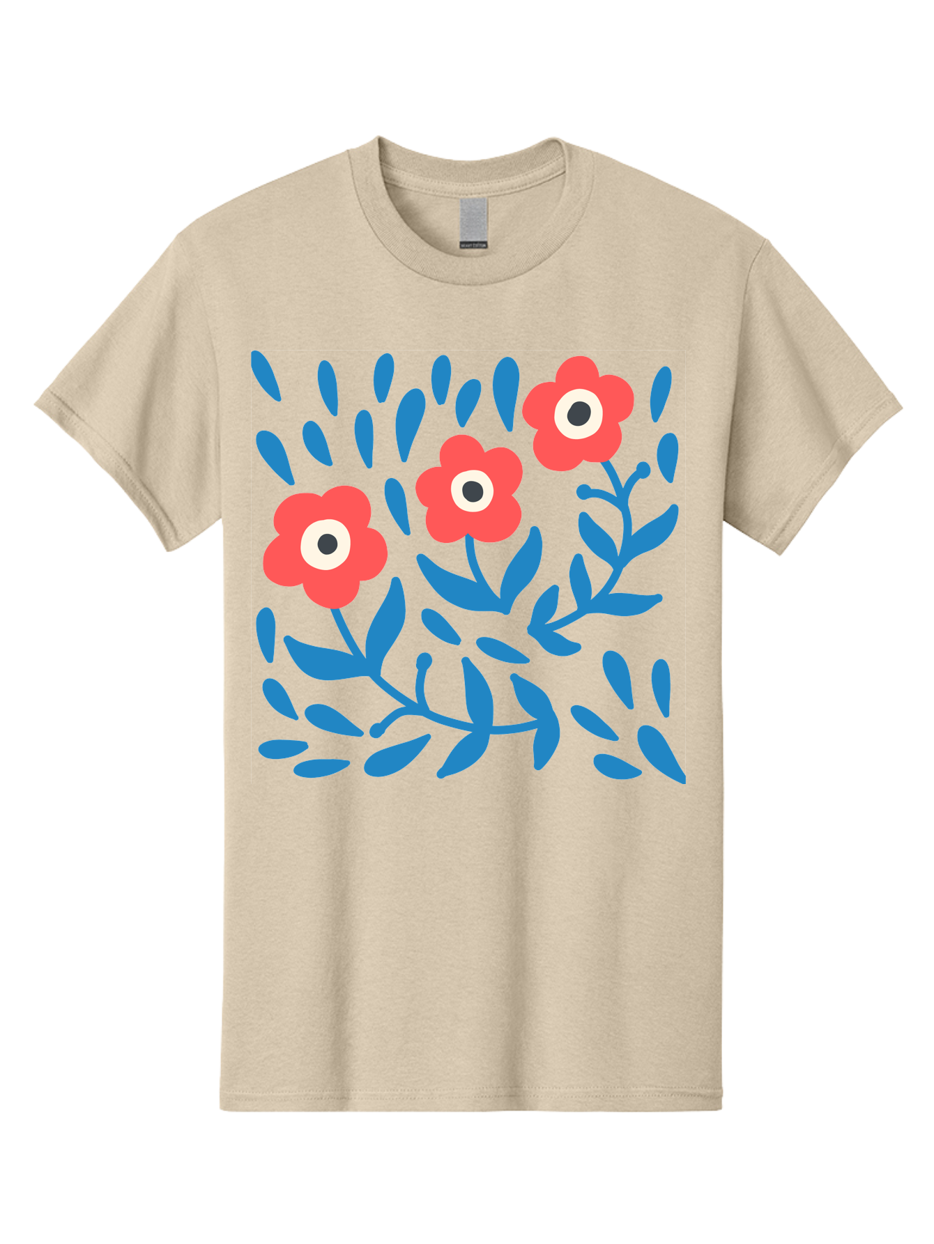 Three-Red-Flowers-1 Men'S Graphic Tee, 100% Cotton, Comfortable Casual Summer Wear, Machine Washable, Red Flowers, Blue Leaves, Floral Pattern, Abstract Design, Vibrant Colors, Whimsical Art, Playful Graphics, Folk Art Style Aab803 29