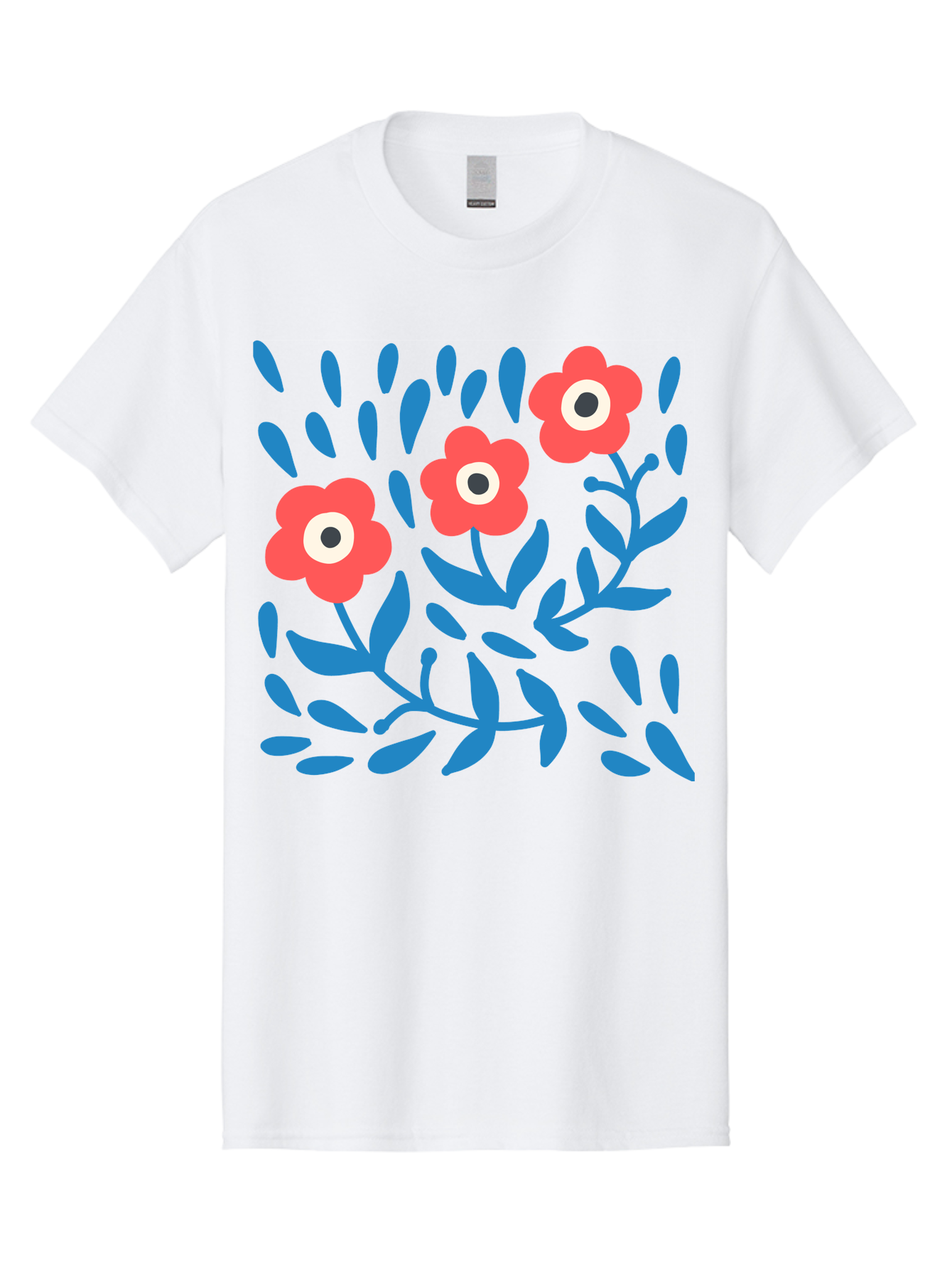 Three-Red-Flowers-1 Men'S Graphic Tee, 100% Cotton, Comfortable Casual Summer Wear, Machine Washable, Red Flowers, Blue Leaves, Floral Pattern, Abstract Design, Vibrant Colors, Whimsical Art, Playful Graphics, Folk Art Style Aab803 17