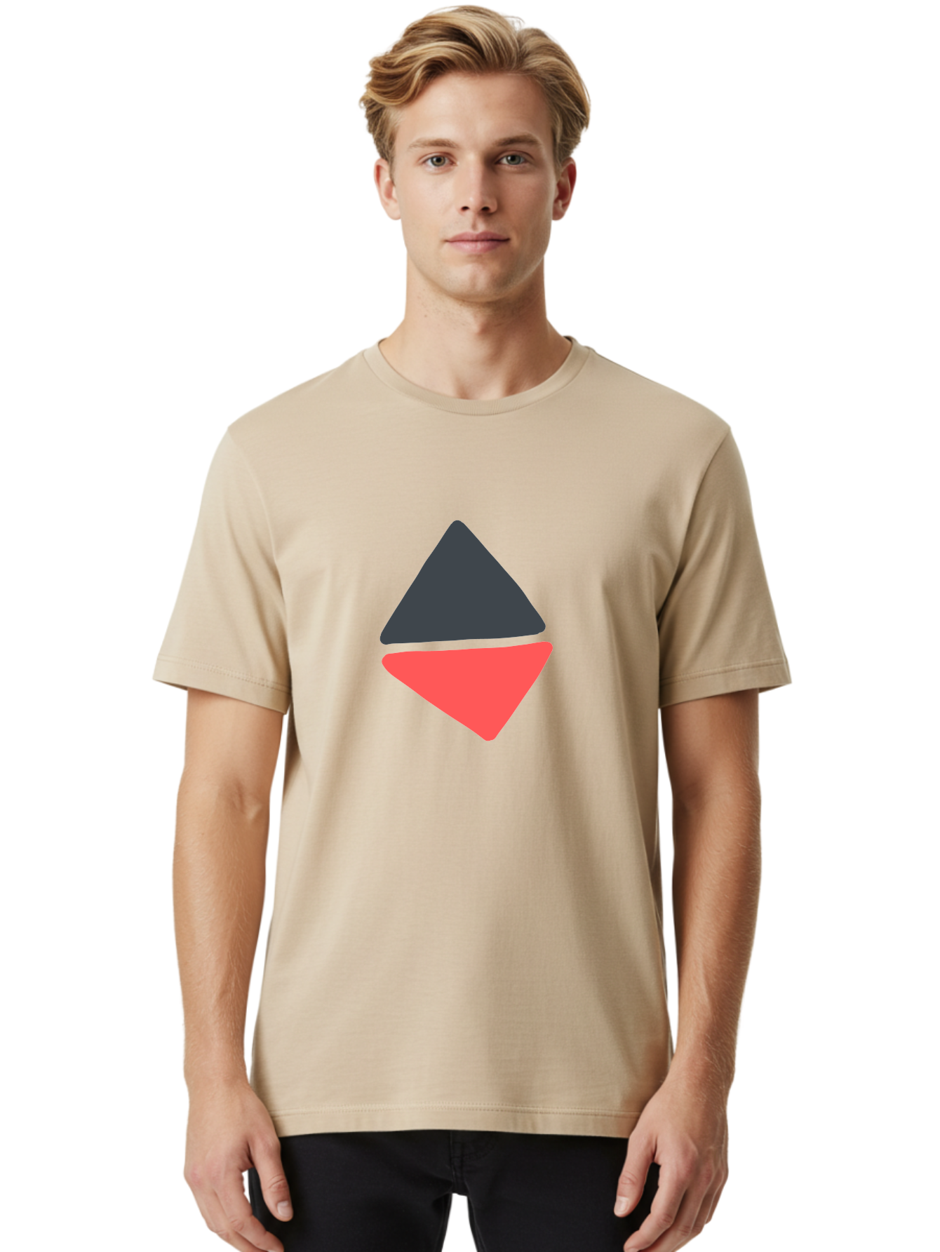Triangles Men'S Graphic Tee, 100% Cotton, Comfortable Casual Summer Wear, Machine Washable, Geometric Shapes, Triangle Design, Overlapping Forms, Black And Red Colors, Simple Graphics, Abstract Art, Minimalist Style Aab807 24