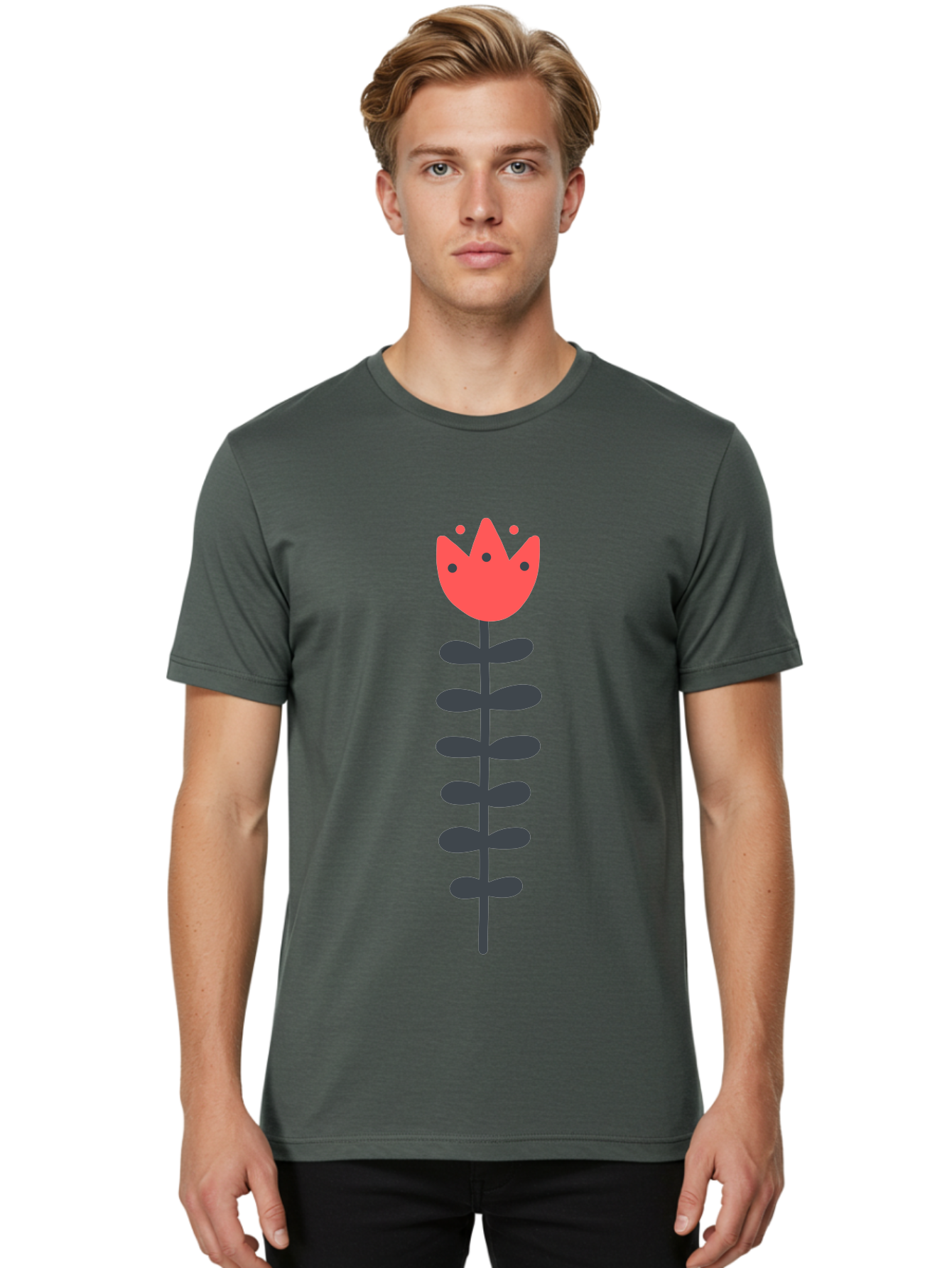 Tulip-Illustration Men'S Graphic Tee, 100% Cotton, Comfortable Casual Summer Wear, Machine Washable, Stylized Tulip, Minimalist Design, Simple Shapes, Red Tulip, Purple Leaves, Modern Art, Floral Motif, Artistic Expression, Creative Design Aab809 4