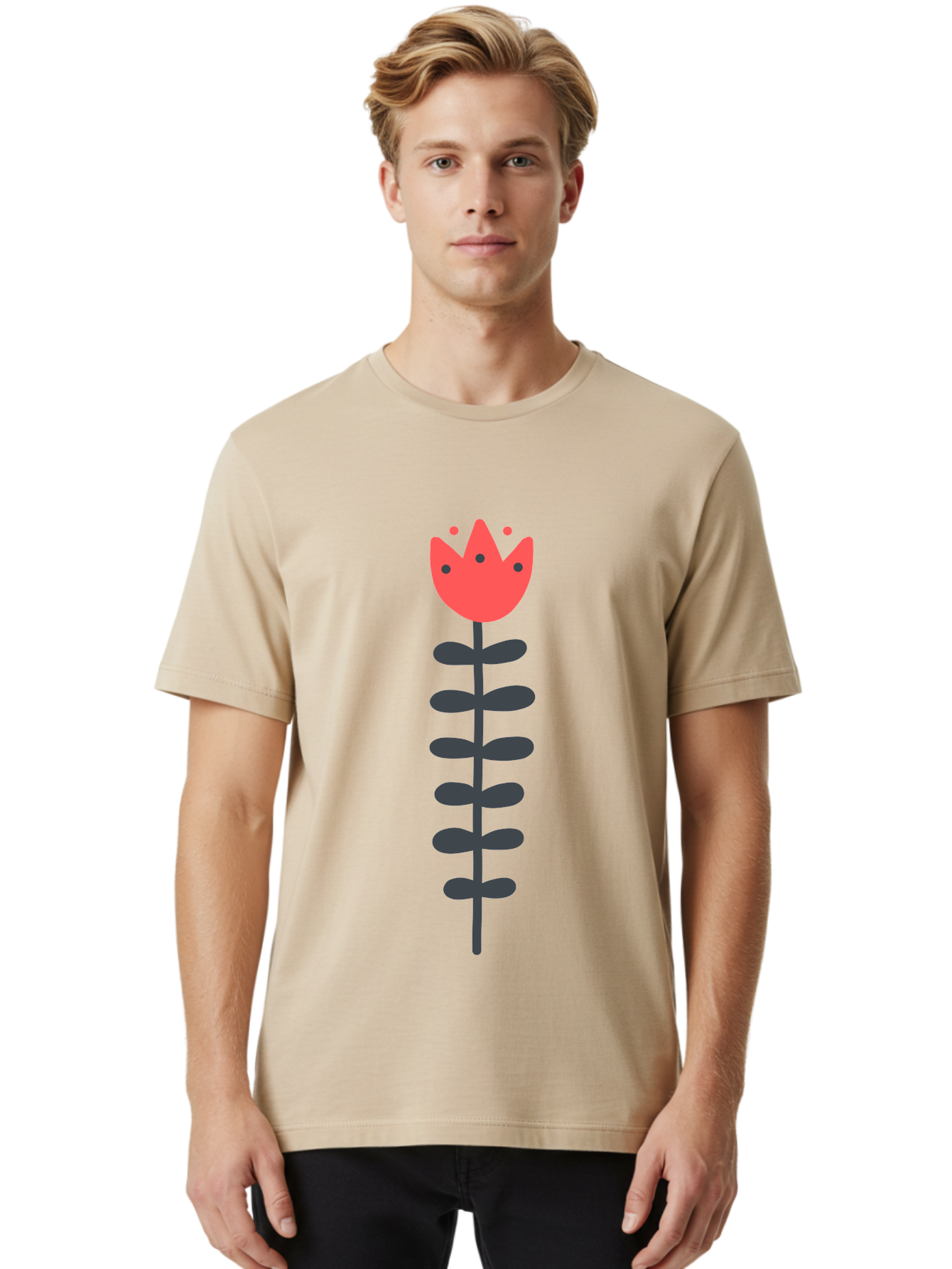 Tulip-Illustration Men'S Graphic Tee, 100% Cotton, Comfortable Casual Summer Wear, Machine Washable, Stylized Tulip, Minimalist Design, Simple Shapes, Red Tulip, Purple Leaves, Modern Art, Floral Motif, Artistic Expression, Creative Design Aab809 26