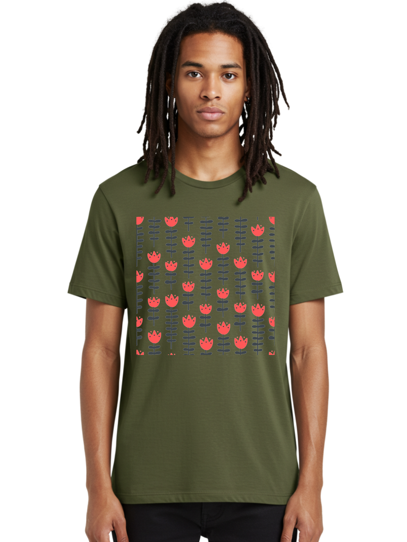 Tulip-Pattern-1 Men'S Graphic Tee, 100% Cotton, Comfortable Casual Summer Wear, Machine Washable, Tulip Pattern, Red Tulips, Black Stems, Floral Design, Repeating Pattern, Minimalist Style, Botanical Print, Wallpaper, Textile Design, Aab810 2