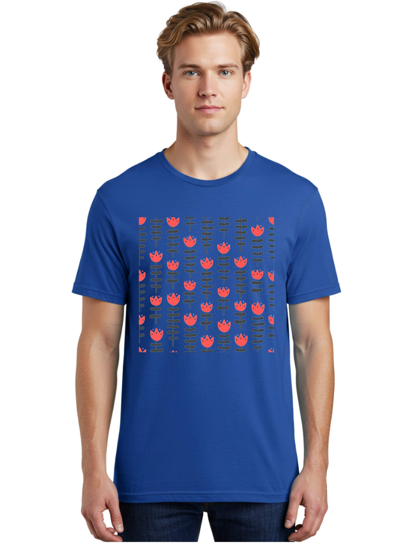 Tulip-Pattern-1 Men'S Graphic Tee, 100% Cotton, Comfortable Casual Summer Wear, Machine Washable, Tulip Pattern, Red Tulips, Black Stems, Floral Design, Repeating Pattern, Minimalist Style, Botanical Print, Wallpaper, Textile Design, Aab810 12