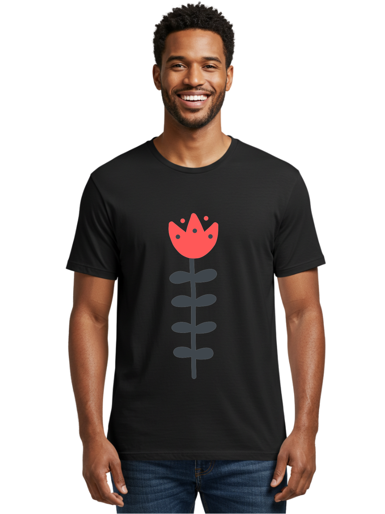 Tulip Men'S Graphic Tee, 100% Cotton, Comfortable Casual Summer Wear, Machine Washable, Red Tulip, Simple Flower, Minimalist Design, Floral Illustration, Cute Cartoon Flower, Vibrant Red Petals, Simple Stem, Black Leaves Aab812 4