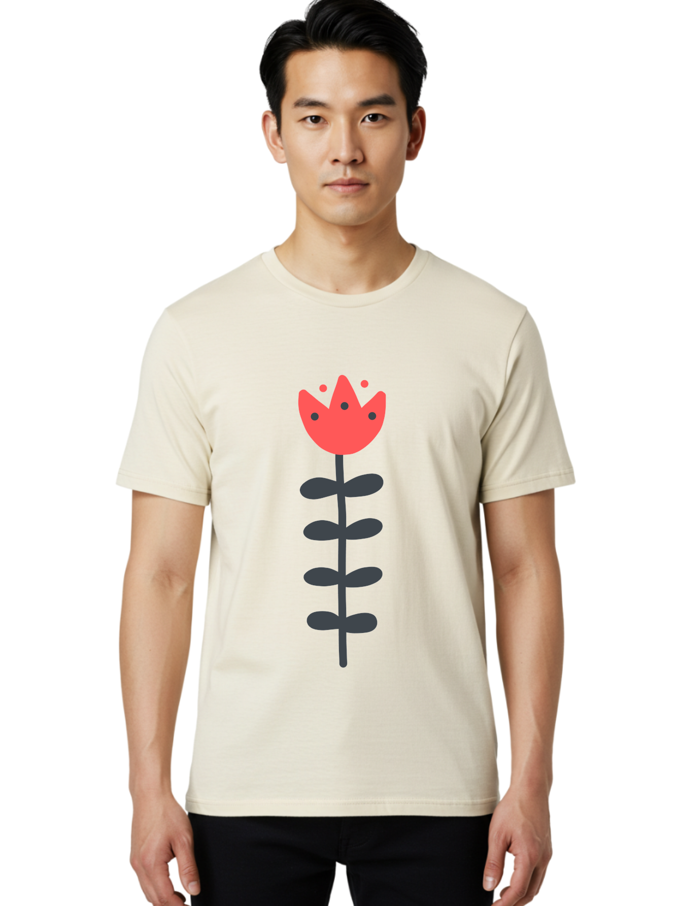 Tulip Men'S Graphic Tee, 100% Cotton, Comfortable Casual Summer Wear, Machine Washable, Red Tulip, Simple Flower, Minimalist Design, Floral Illustration, Cute Cartoon Flower, Vibrant Red Petals, Simple Stem, Black Leaves Aab812 2