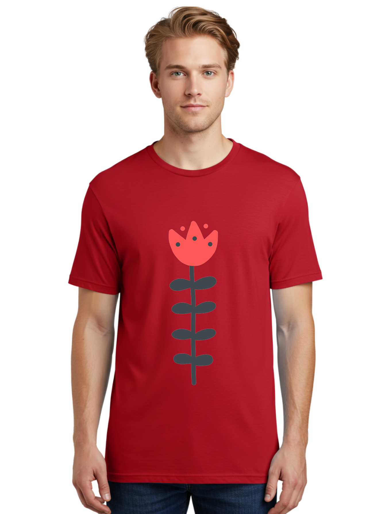 Tulip Men'S Graphic Tee, 100% Cotton, Comfortable Casual Summer Wear, Machine Washable, Red Tulip, Simple Flower, Minimalist Design, Floral Illustration, Cute Cartoon Flower, Vibrant Red Petals, Simple Stem, Black Leaves Aab812 26