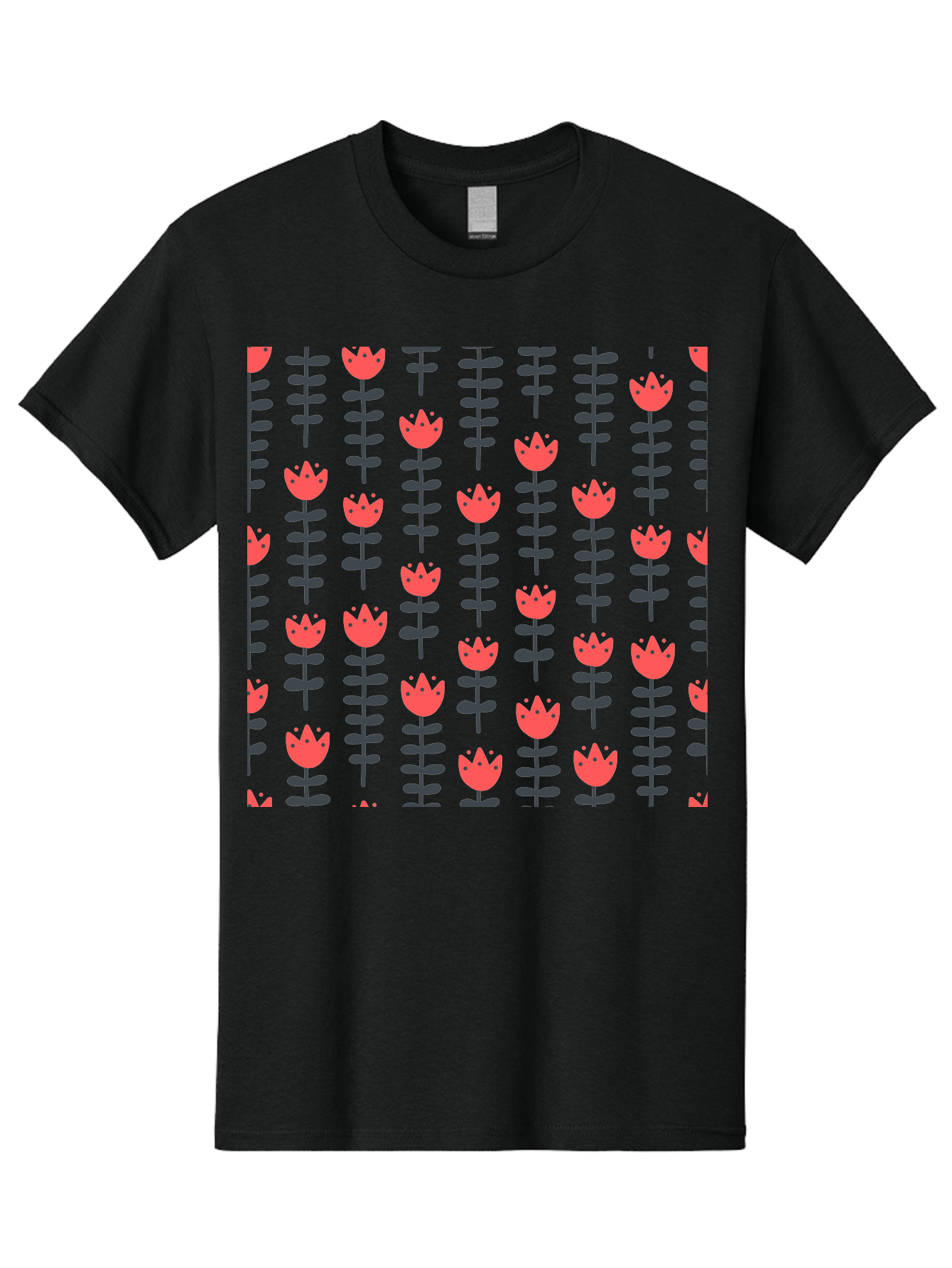Tulips-Pattern Men'S Graphic Tee, 100% Cotton, Comfortable Casual Summer Wear, Machine Washable, Red Flowers, Green Stems, Floral Design, Repeating Pattern, Cartoon Style, Simple Shapes, Whimsical Art, Playful Graphics, Minimalist Decor Aab813 15