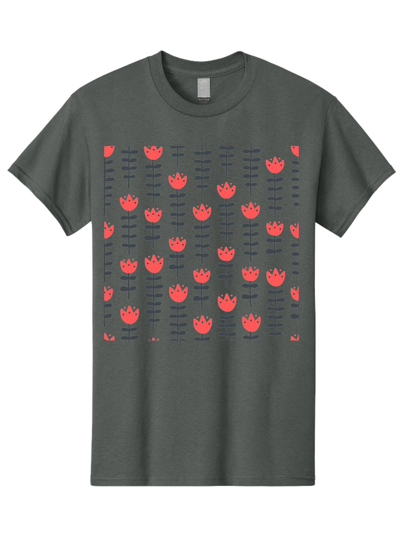 Tulips-Pattern Men'S Graphic Tee, 100% Cotton, Comfortable Casual Summer Wear, Machine Washable, Red Flowers, Green Stems, Floral Design, Repeating Pattern, Cartoon Style, Simple Shapes, Whimsical Art, Playful Graphics, Minimalist Decor Aab813 3