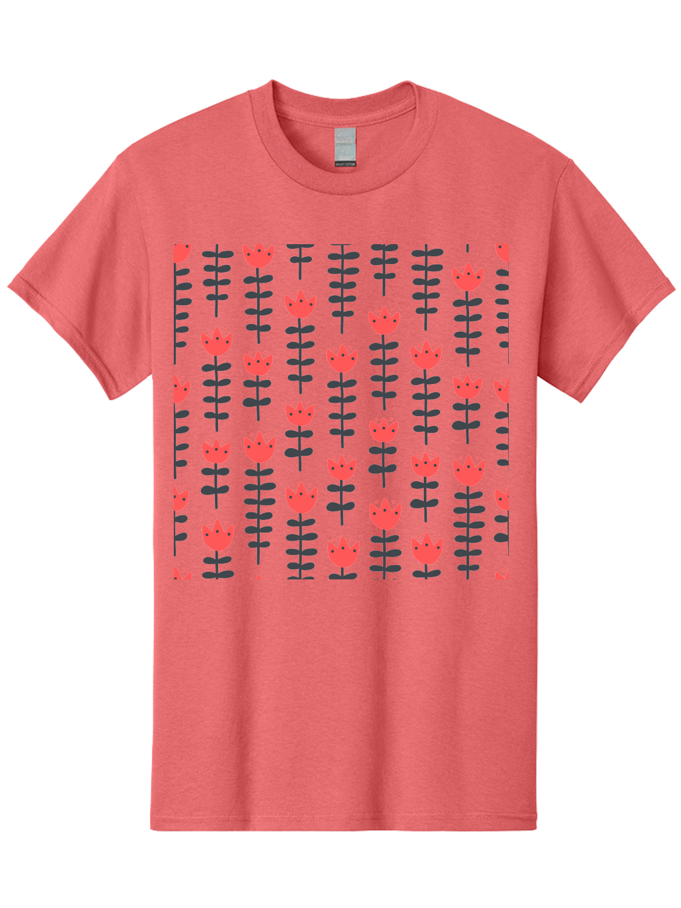 Tulips-Pattern Men'S Graphic Tee, 100% Cotton, Comfortable Casual Summer Wear, Machine Washable, Red Flowers, Green Stems, Floral Design, Repeating Pattern, Cartoon Style, Simple Shapes, Whimsical Art, Playful Graphics, Minimalist Decor Aab813 27
