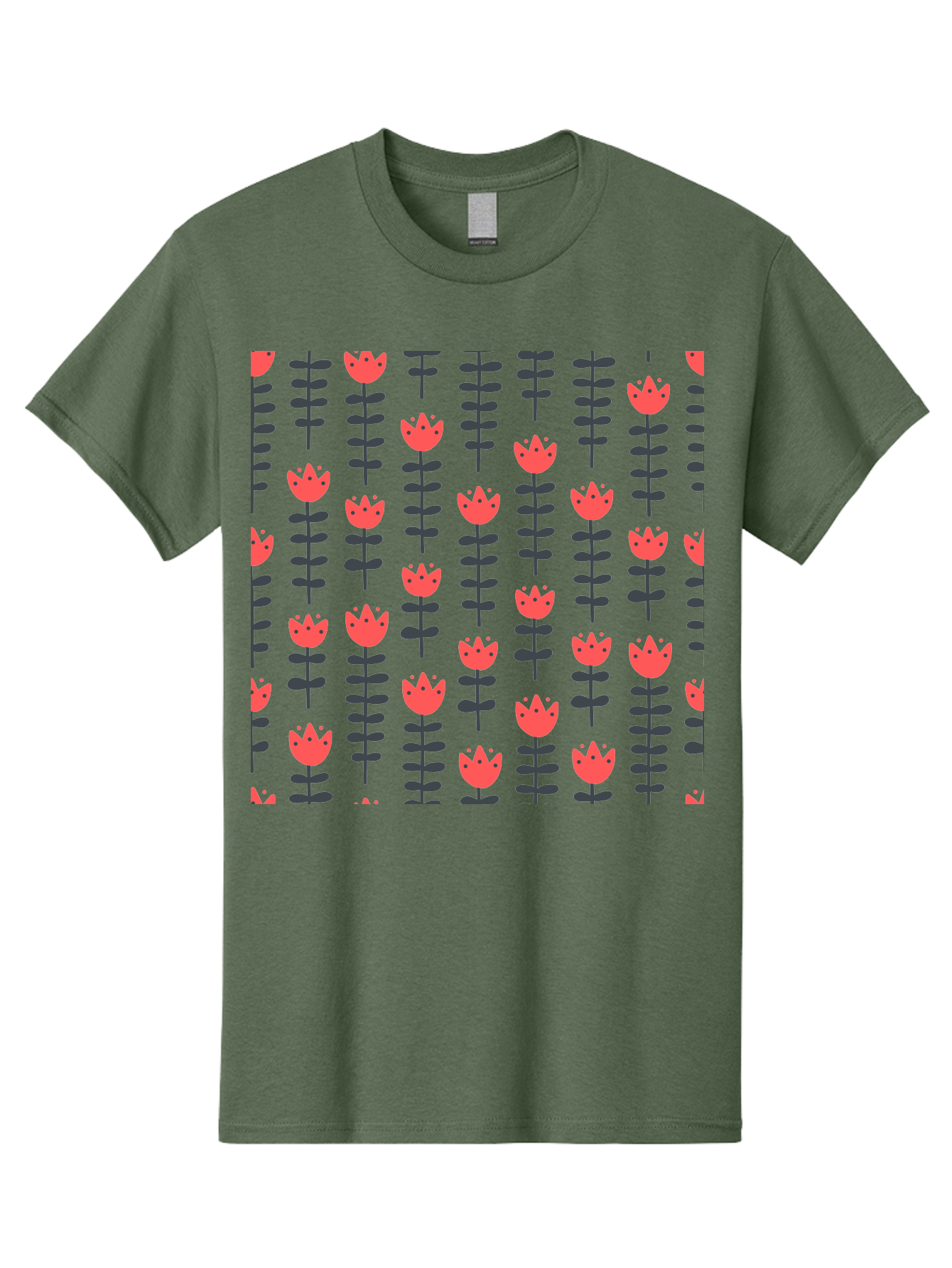 Tulips-Pattern Men'S Graphic Tee, 100% Cotton, Comfortable Casual Summer Wear, Machine Washable, Red Flowers, Green Stems, Floral Design, Repeating Pattern, Cartoon Style, Simple Shapes, Whimsical Art, Playful Graphics, Minimalist Decor Aab813 13