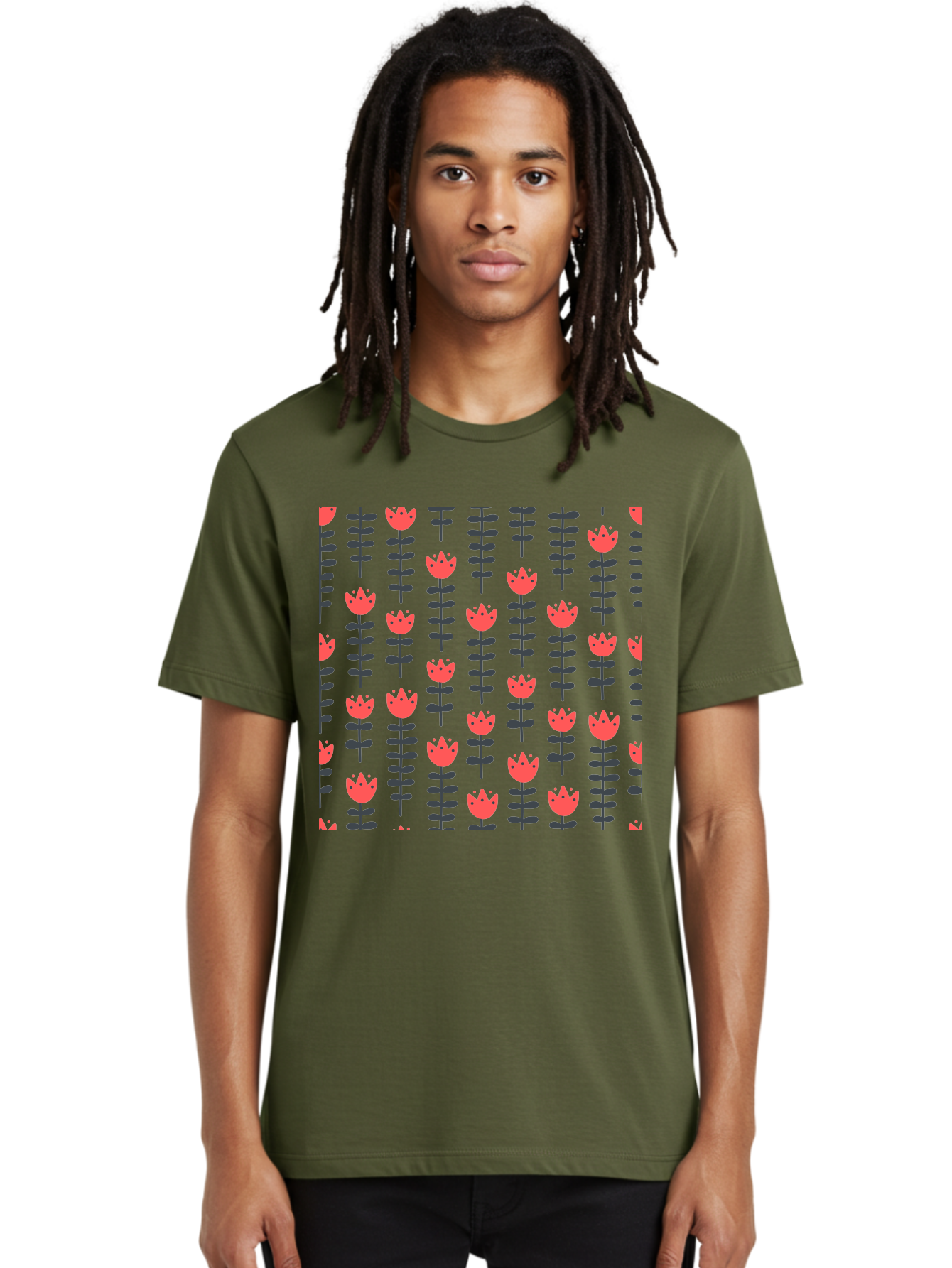 Tulips-Pattern Men'S Graphic Tee, 100% Cotton, Comfortable Casual Summer Wear, Machine Washable, Red Flowers, Green Stems, Floral Design, Repeating Pattern, Cartoon Style, Simple Shapes, Whimsical Art, Playful Graphics, Minimalist Decor Aab813 14