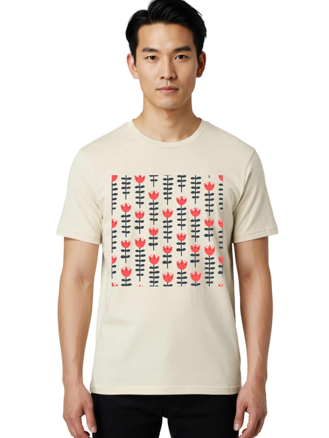 Tulips-Pattern Men'S Graphic Tee, 100% Cotton, Comfortable Casual Summer Wear, Machine Washable, Red Flowers, Green Stems, Floral Design, Repeating Pattern, Cartoon Style, Simple Shapes, Whimsical Art, Playful Graphics, Minimalist Decor Aab813 24