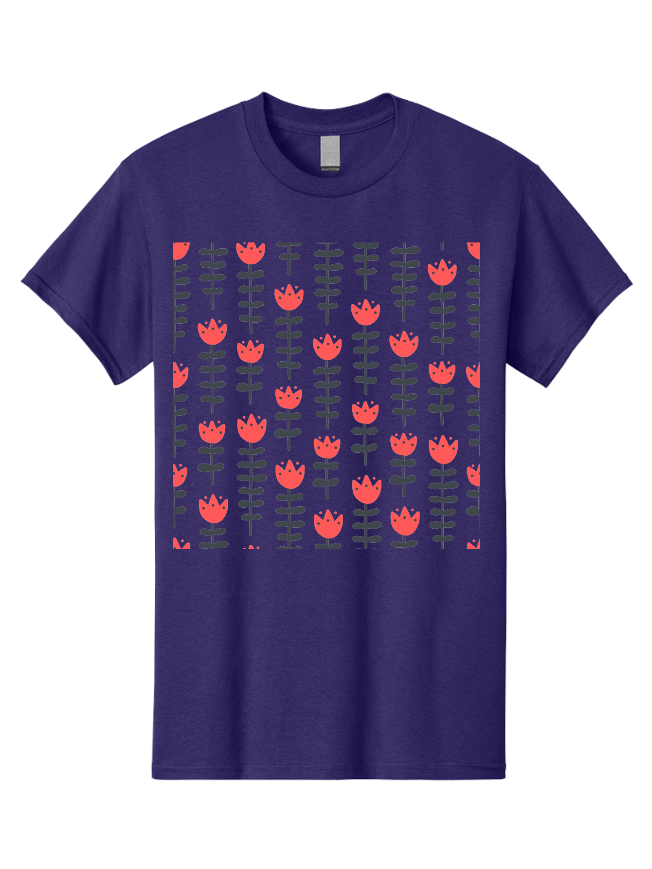 Tulips-Pattern Men'S Graphic Tee, 100% Cotton, Comfortable Casual Summer Wear, Machine Washable, Red Flowers, Green Stems, Floral Design, Repeating Pattern, Cartoon Style, Simple Shapes, Whimsical Art, Playful Graphics, Minimalist Decor Aab813 1