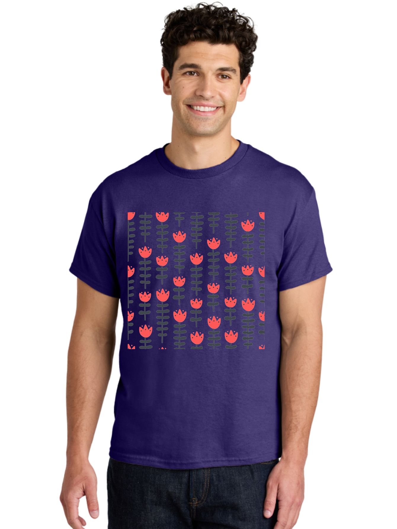 Tulips-Pattern Men'S Graphic Tee, 100% Cotton, Comfortable Casual Summer Wear, Machine Washable, Red Flowers, Green Stems, Floral Design, Repeating Pattern, Cartoon Style, Simple Shapes, Whimsical Art, Playful Graphics, Minimalist Decor Aab813 2
