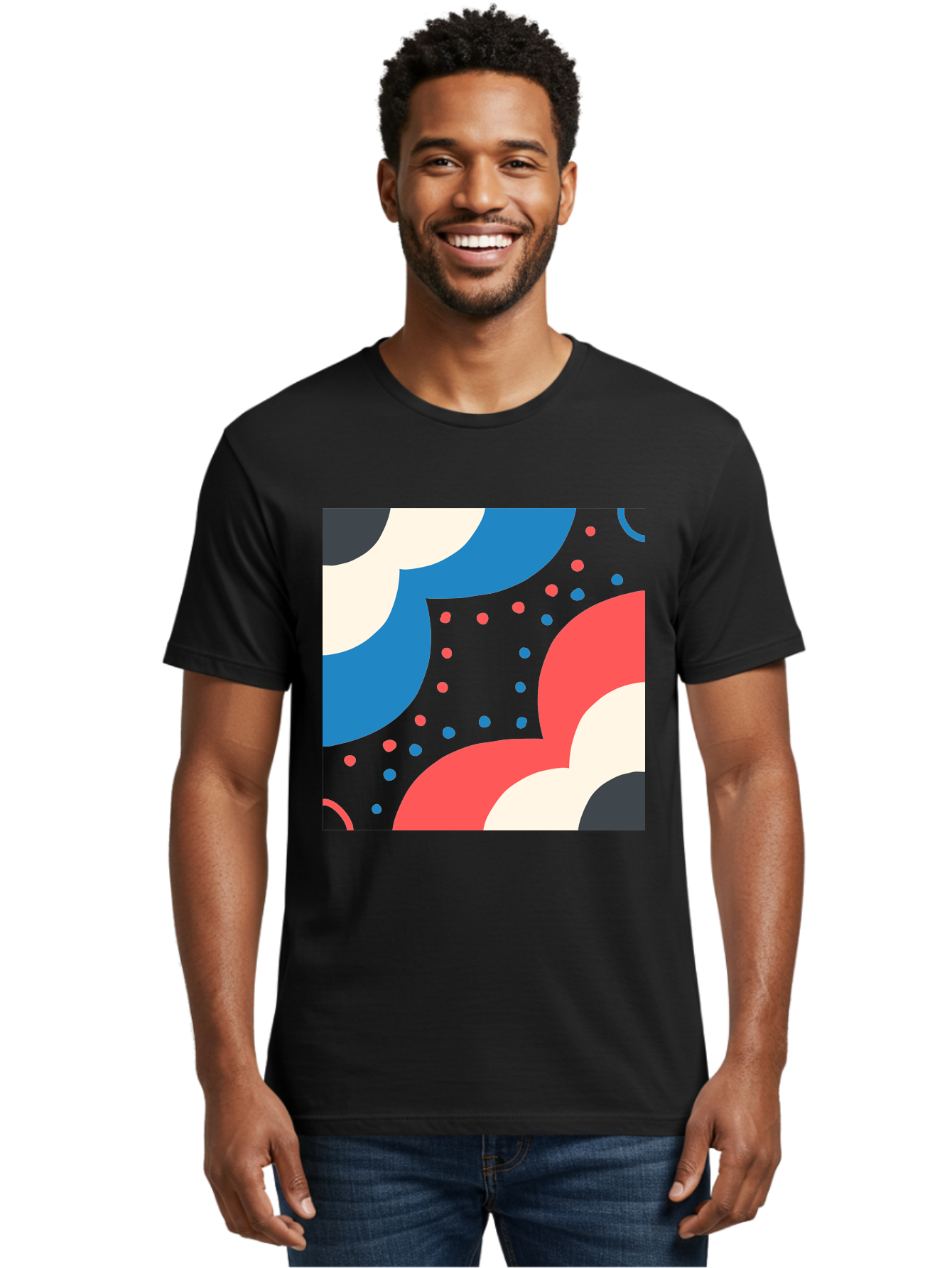 Vibrant-Dots-Pattern Men'S Graphic Tee, 100% Cotton, Comfortable Casual Summer Wear, Machine Washable, Colorful Abstract Pattern, Vibrant Shapes, Blue, Red, Pink, White, Black, Geometric Design, Playful Artwork, Modern Graphic, Trendy Colors, Aab815 6