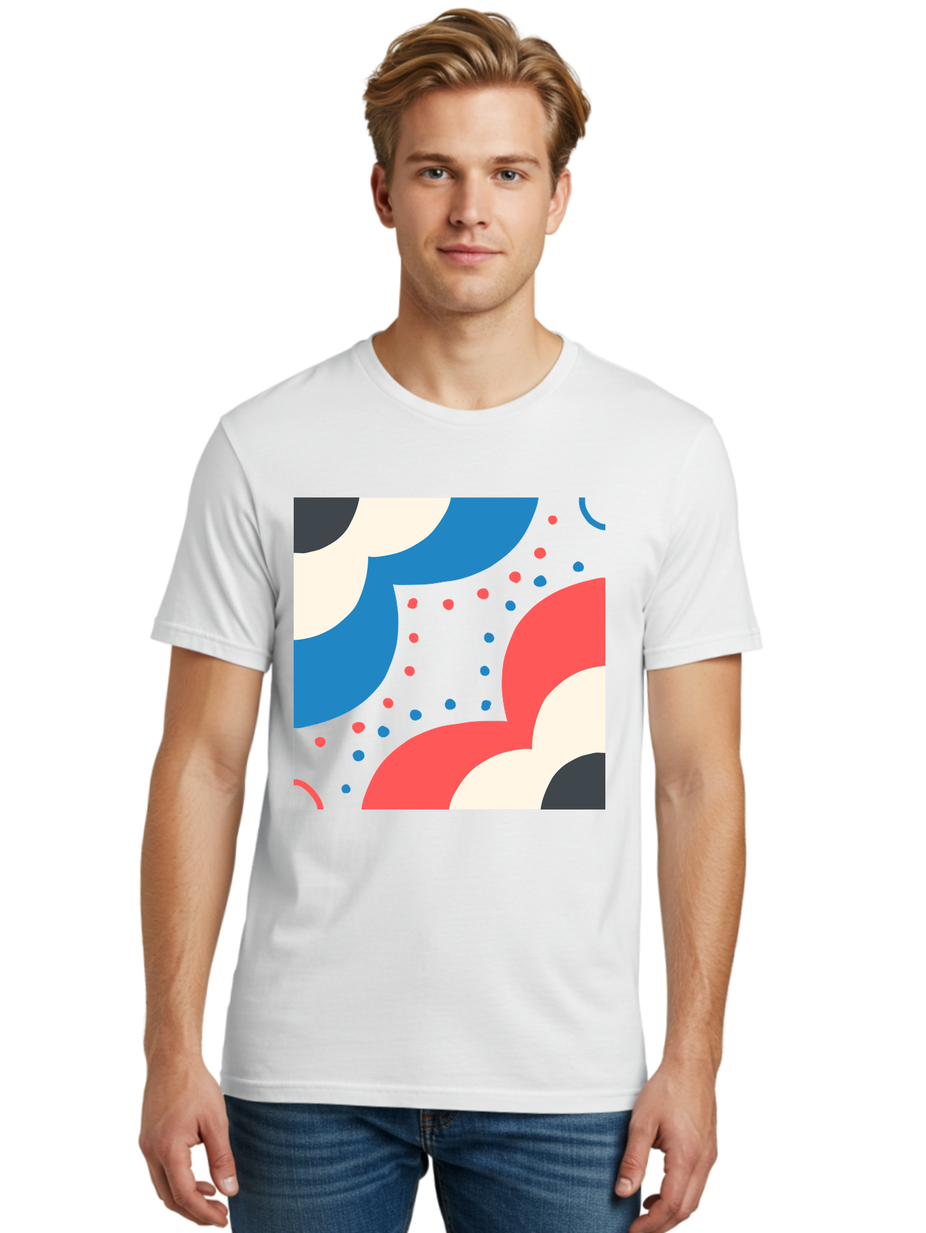 Vibrant-Dots-Pattern Men'S Graphic Tee, 100% Cotton, Comfortable Casual Summer Wear, Machine Washable, Colorful Abstract Pattern, Vibrant Shapes, Blue, Red, Pink, White, Black, Geometric Design, Playful Artwork, Modern Graphic, Trendy Colors, Aab815 26