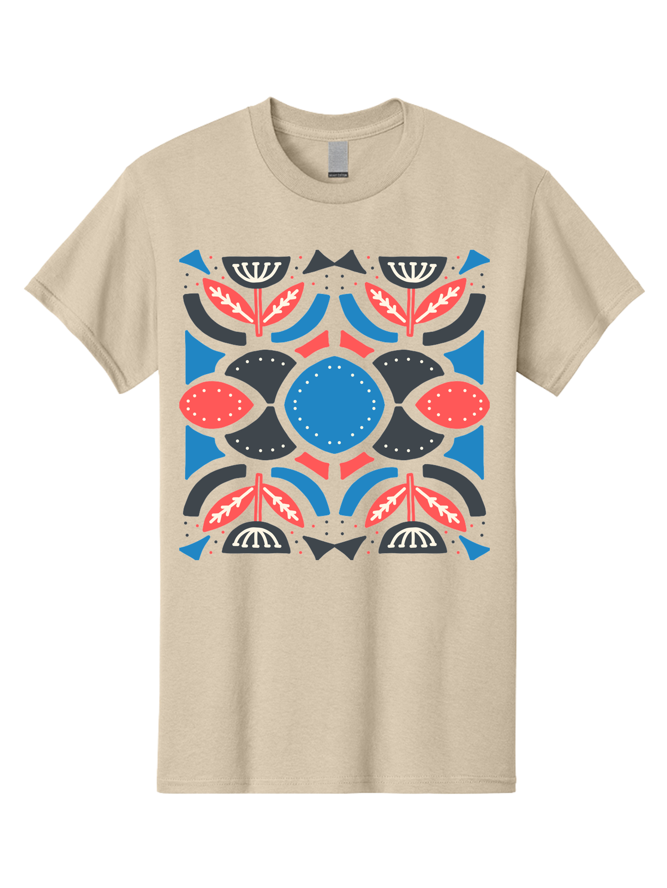 Vibrant-Floral-Pattern Men'S Graphic Tee, 100% Cotton, Comfortable Casual Summer Wear, Machine Washable, Floral Pattern, Geometric Shapes, Blue Center, Red And White Leaves, Black And Gray Accents, Symmetrical Design, Abstract Flowers, Aab816 21