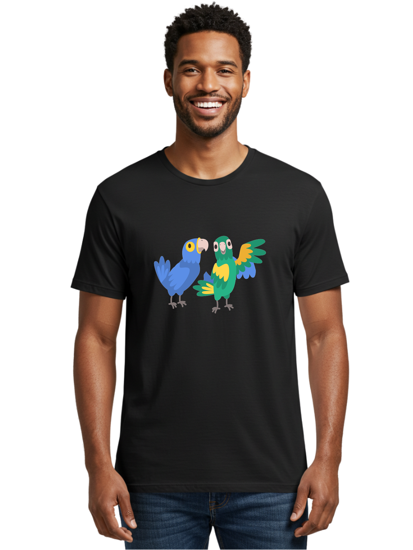 Blue-And-Green-Parrot Men'S Graphic Tee, 100% Cotton, Comfortable Casual Summer Wear, Machine Washable, Cartoon Parrots, Colorful Birds, Blue Parrot, Green Parrot, Yellow Accents, Bird Illustration, Vibrant Feathers, Talking Birds, Aab820 20